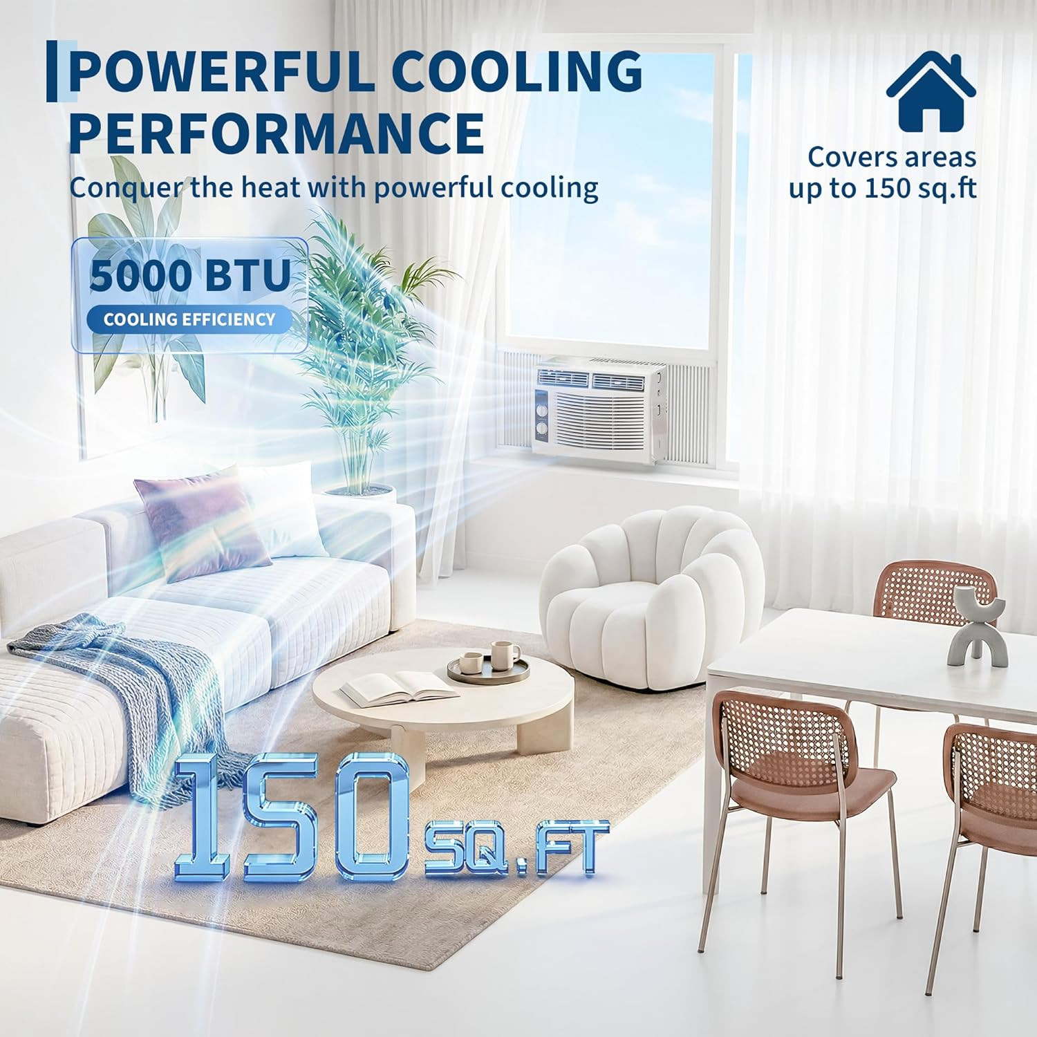 5000 BTU Window Air Conditioner, Cools up to 150 Sq.Ft., 24H Timer, Sleep Mode,