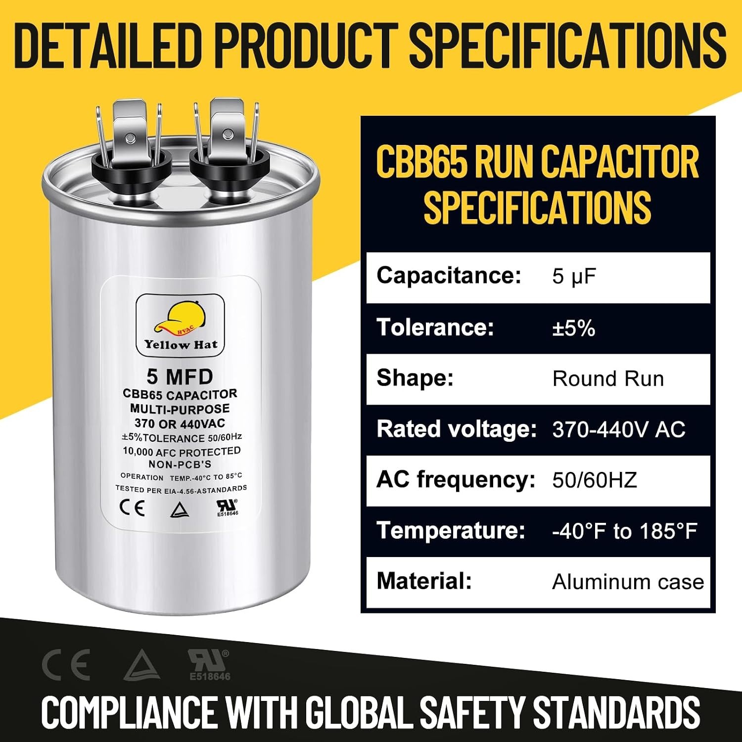 AC Capacitor 5uF MFD 370/440VAC Round Motor Run Fan Start Condenser