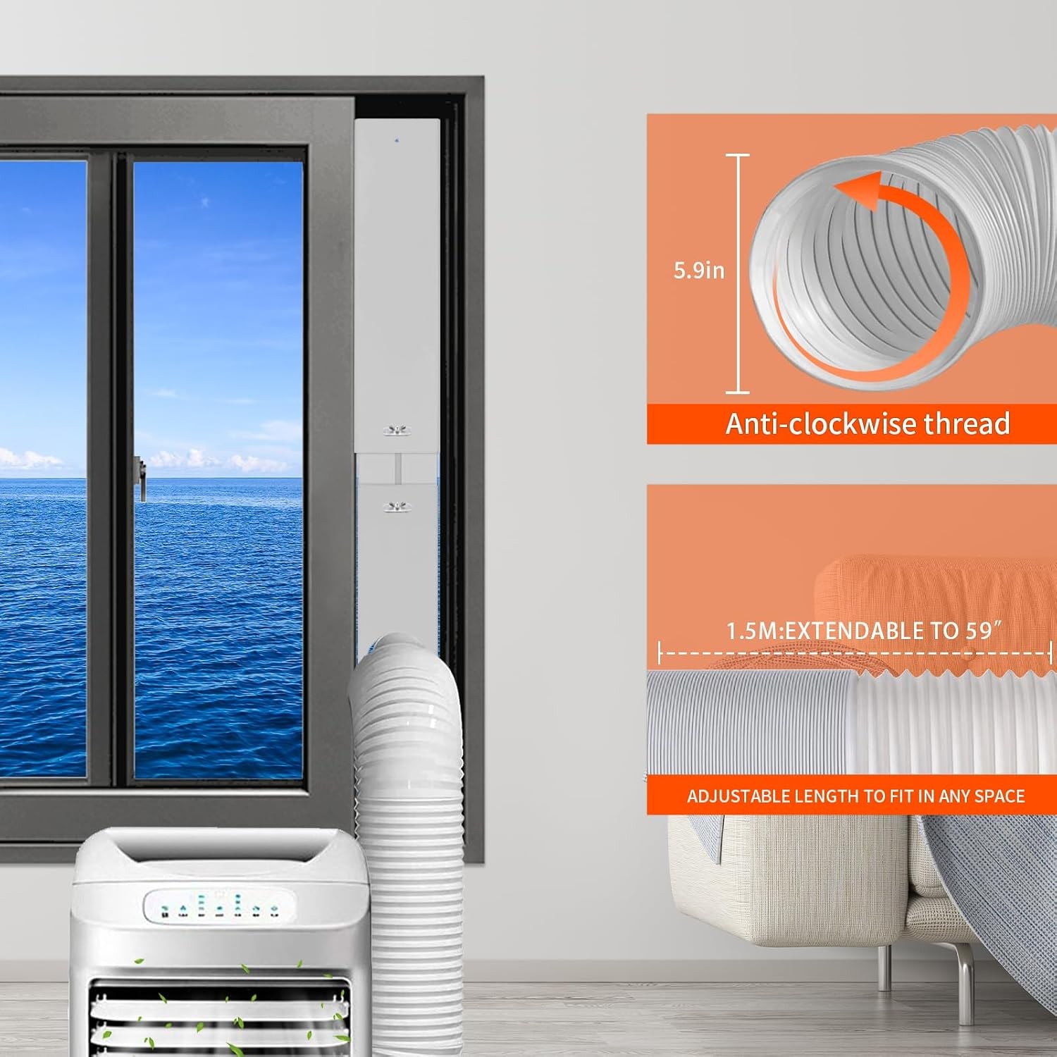 Portable AC Window Kit 59″ Hose 5.9″ Dia AC Window Seal Adjustable AC Vent Kit
