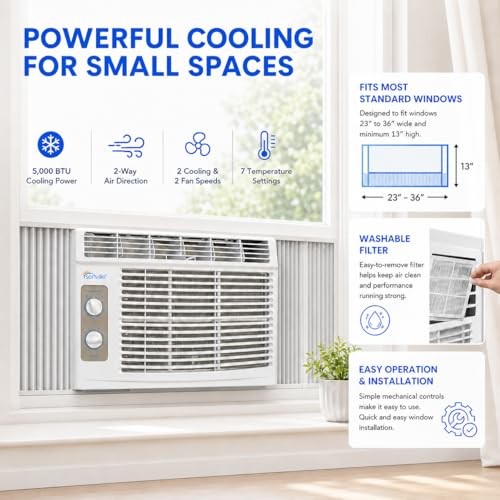 5,000 BTU Window Air Conditioner, Cools Up to 150 Sq. Ft., Easy to 5000 BTU