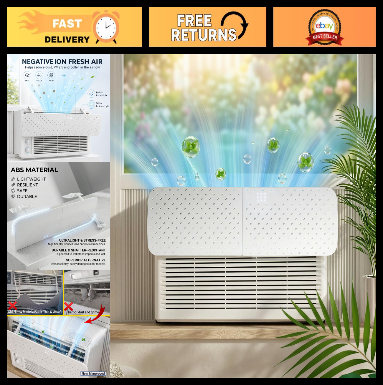 Adjustable AC Vent Deflector with Negative Ion Purifier for Window Units, Cool A