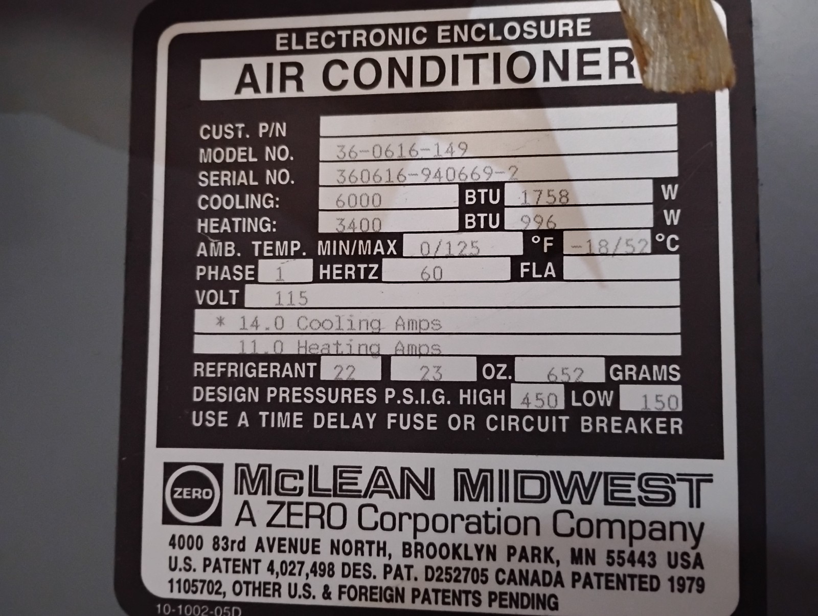 McLean Midwest 36-0616-149 Electronic Enclosure Air Conditioner 3400/6000 BTU