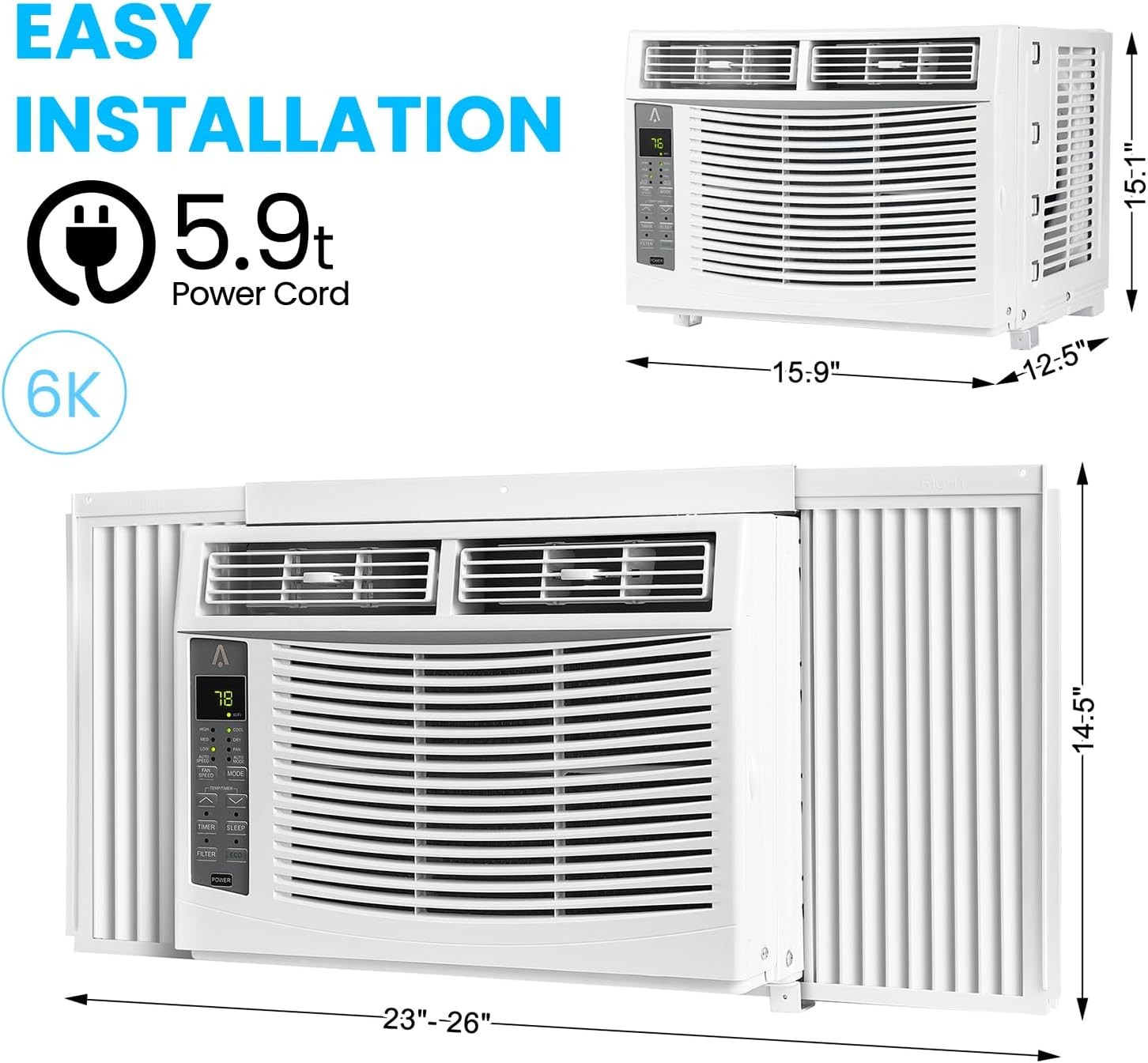 Smart Window Air Conditioner 6000BTU AC Unit with Remote/App Control 3 Fan Speed