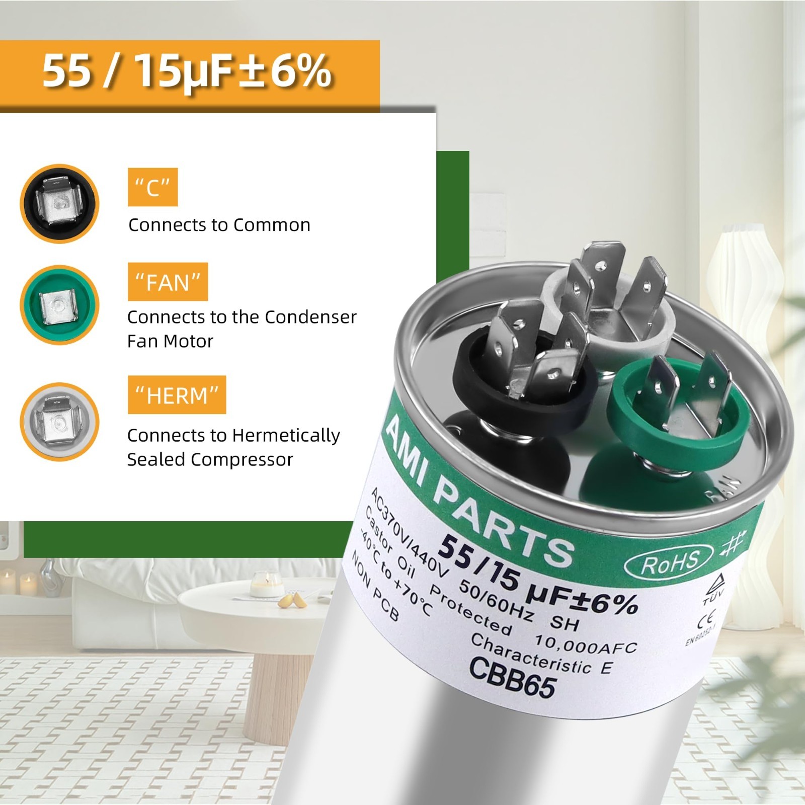 Dual Run Capacitor 55/15 uF ±6% 370/440 VAC for Heat Pump, AC, Condenser Fan
