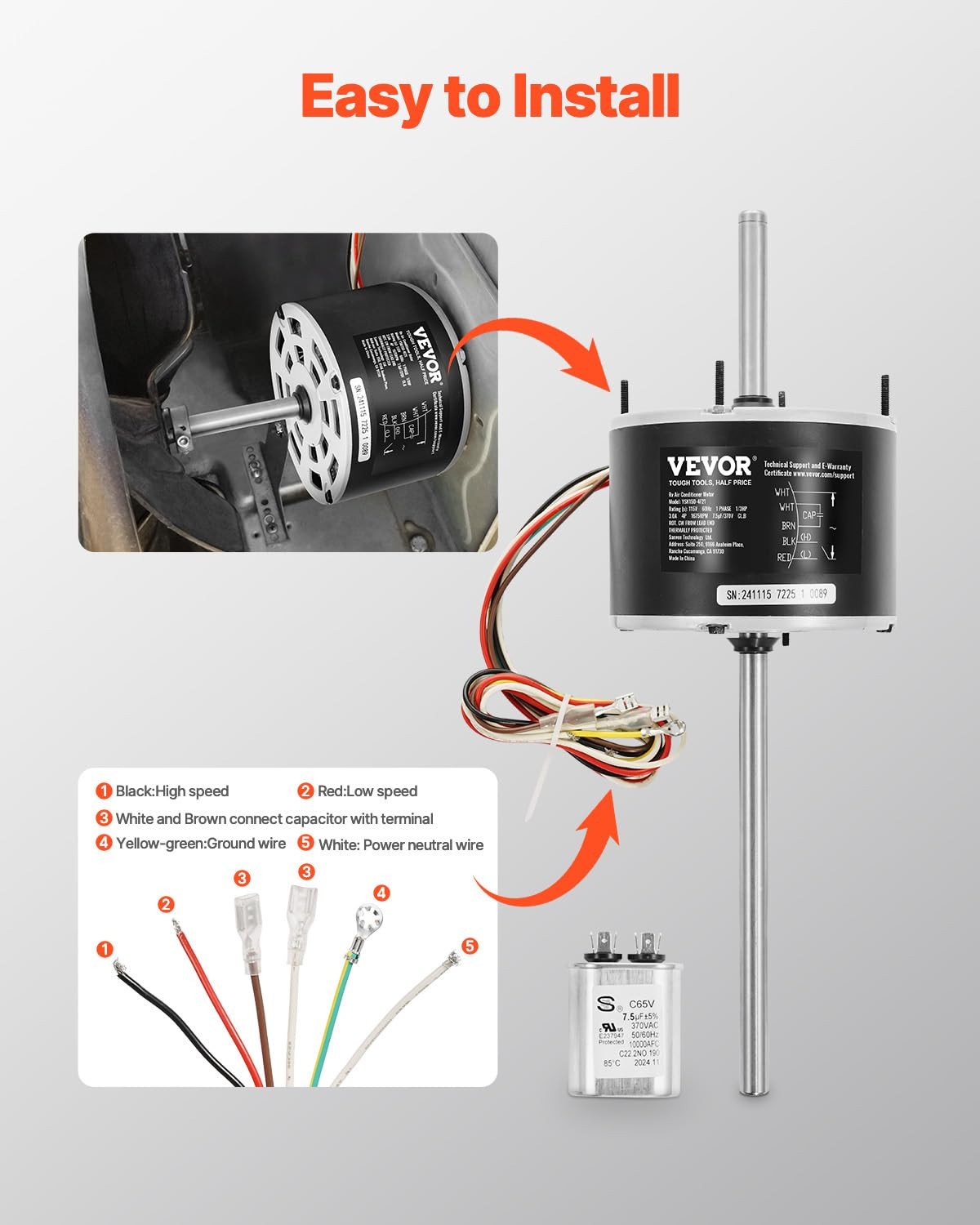 1/3HP RV Air Conditioner Motor with Capacitor, AC115V 3A, 1675 RPM, Replacement