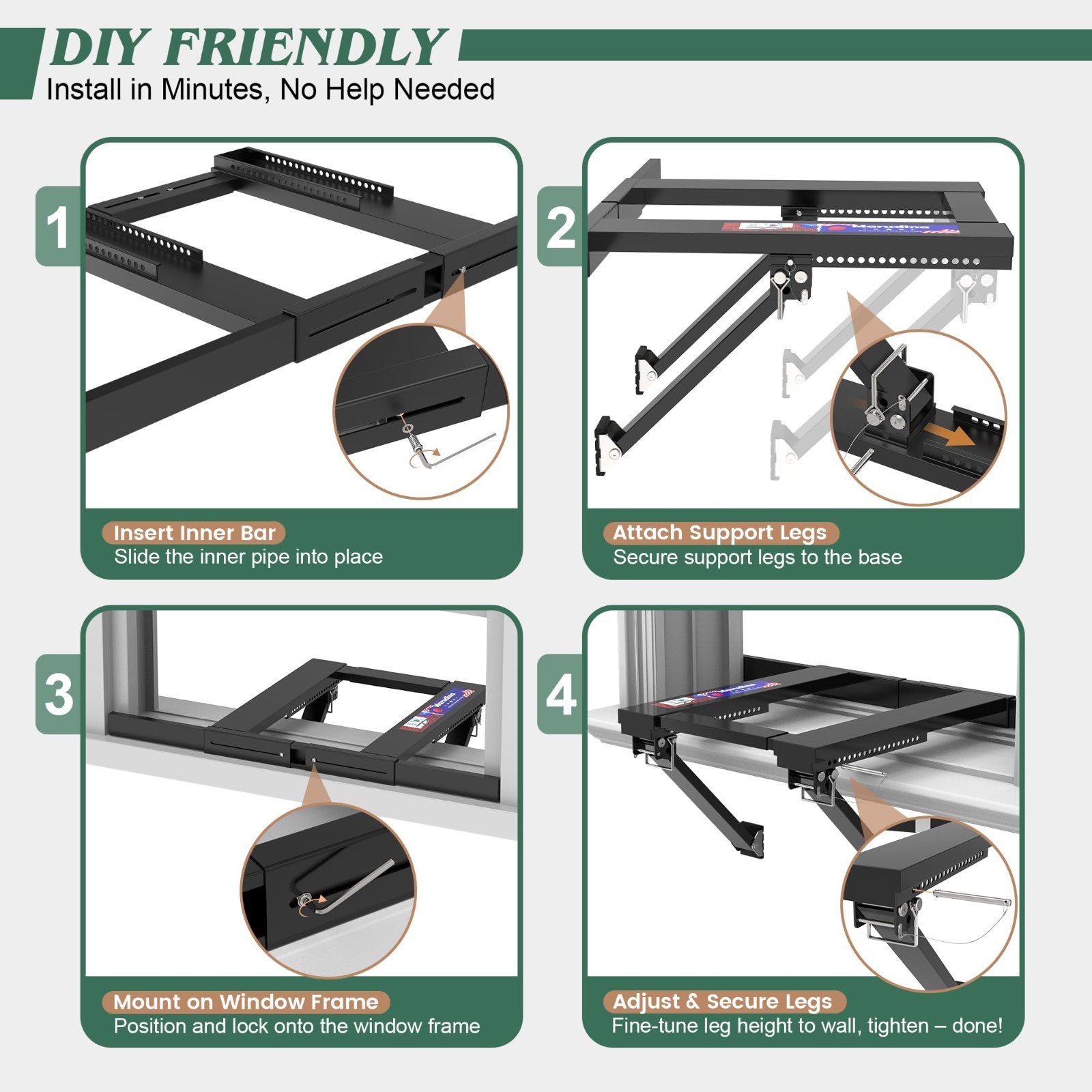 No-Drill Adjustable Window AC Bracket, Heavy-Duty Support for Single/Double Hung