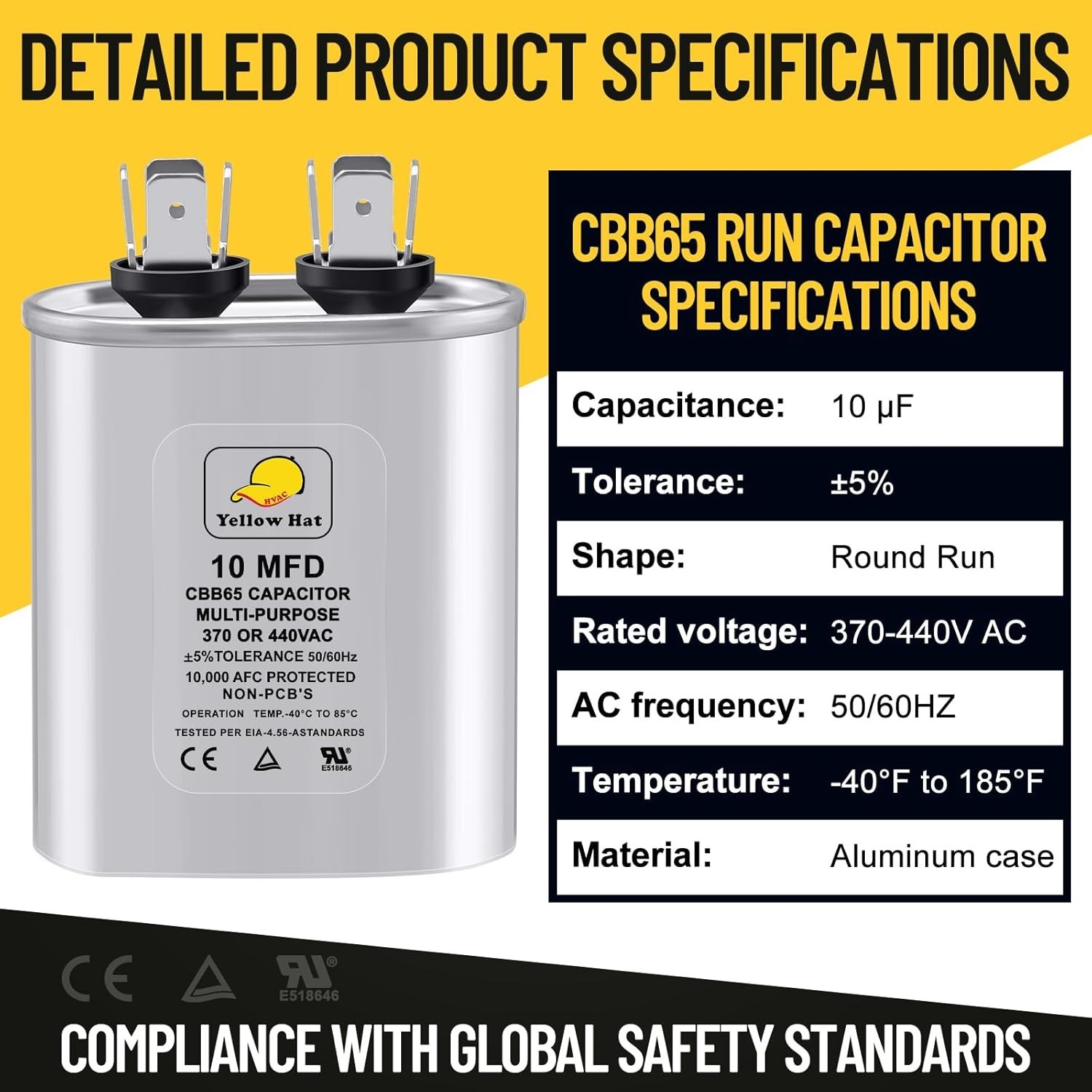 Heavy Duty 10 Microfarad Oval AC Capacitor 370/440V for Condenser Fan Motor