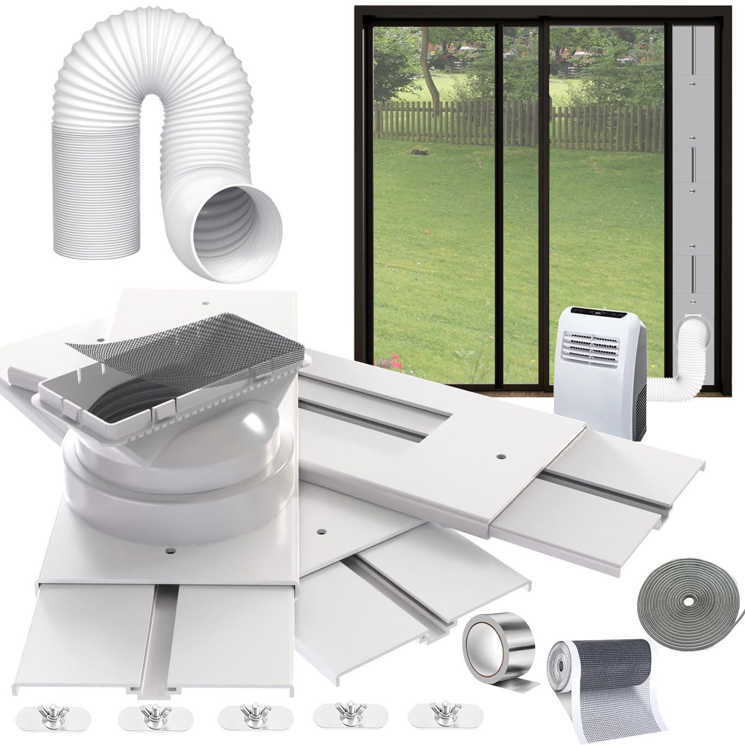 95″ Sliding Door AC Vent Kit – 5.1″ Hose, Screen Net, Weather Stripping, Univers