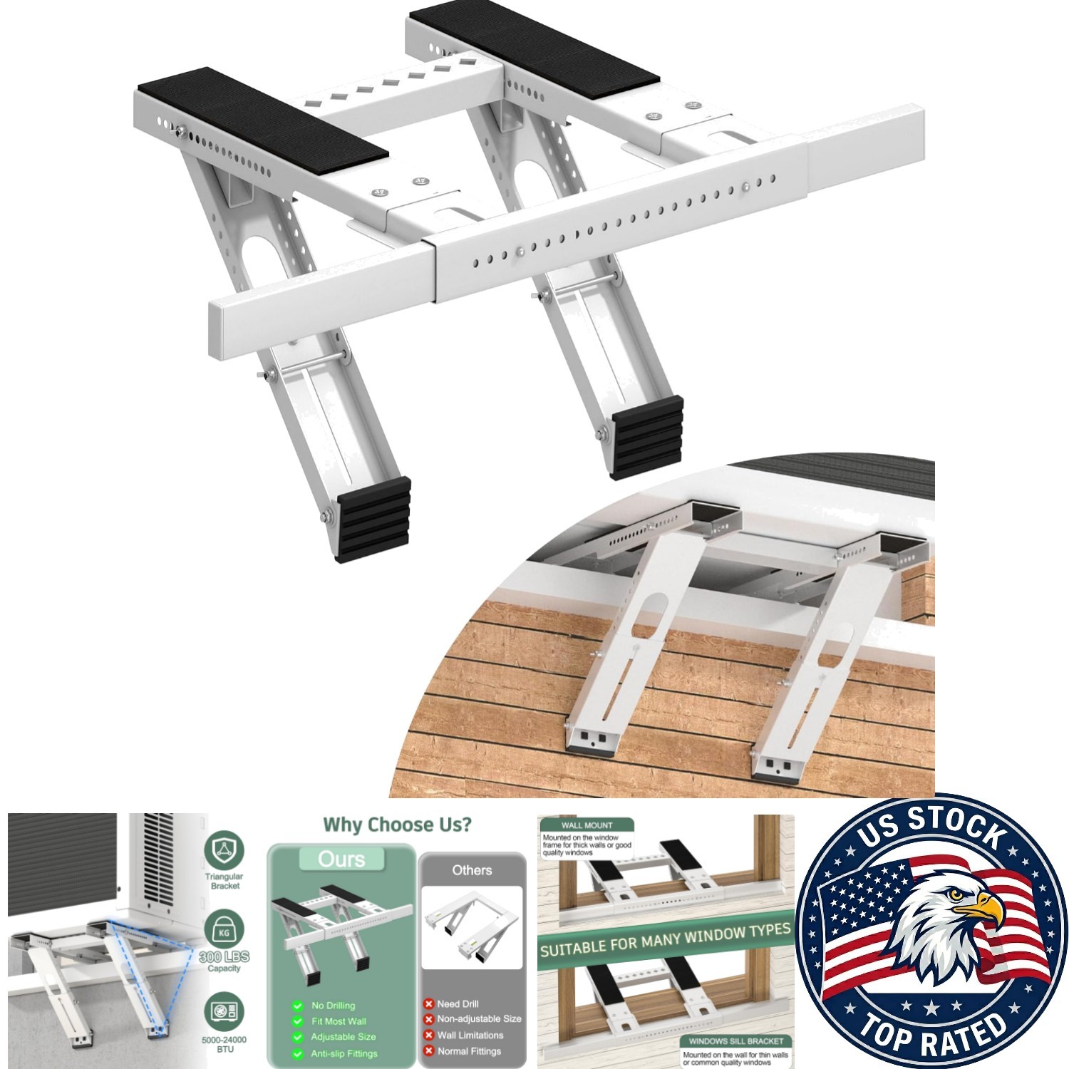 No-Drill 300 lbs Window AC Bracket with Anti-Slip Pads for Secure Installation