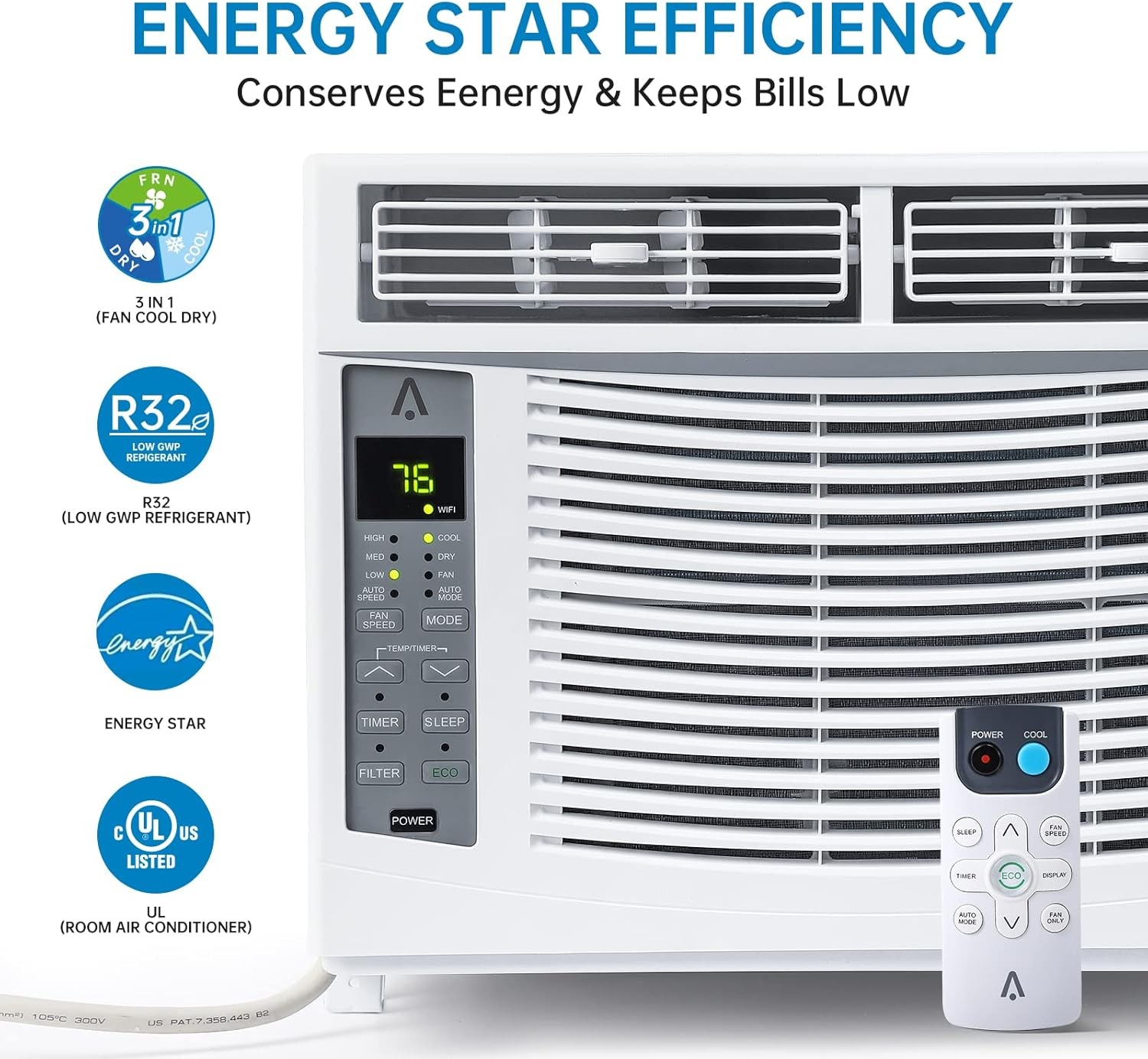 Efficient Cooling 3 Cooling & Fan Speeds No Wi-Fi Air Conditioner Window 6000BTU