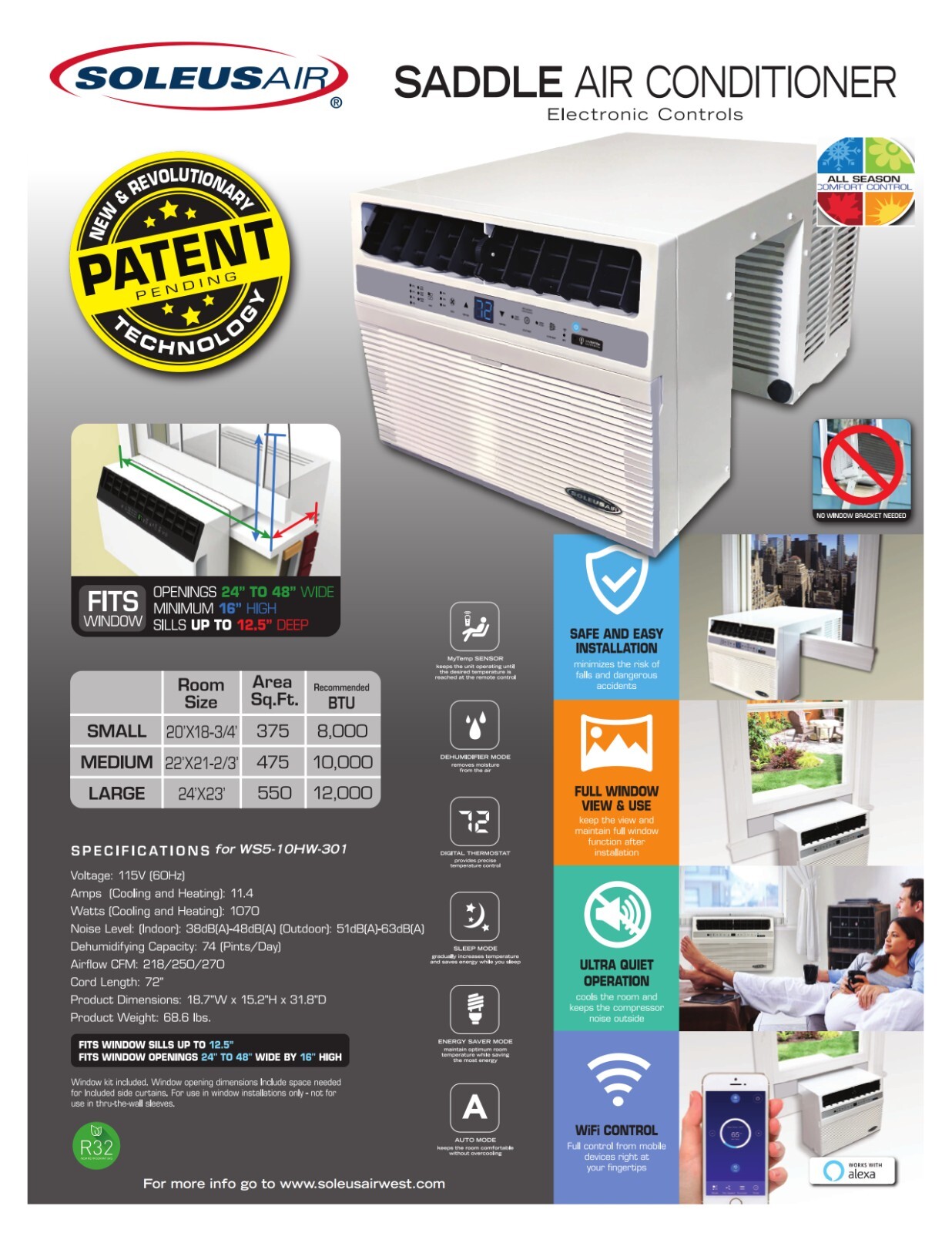 Refurbished Soleus Air 10000 BTU Saddle Window Air Conditioner w/ Heating Wi-Fi