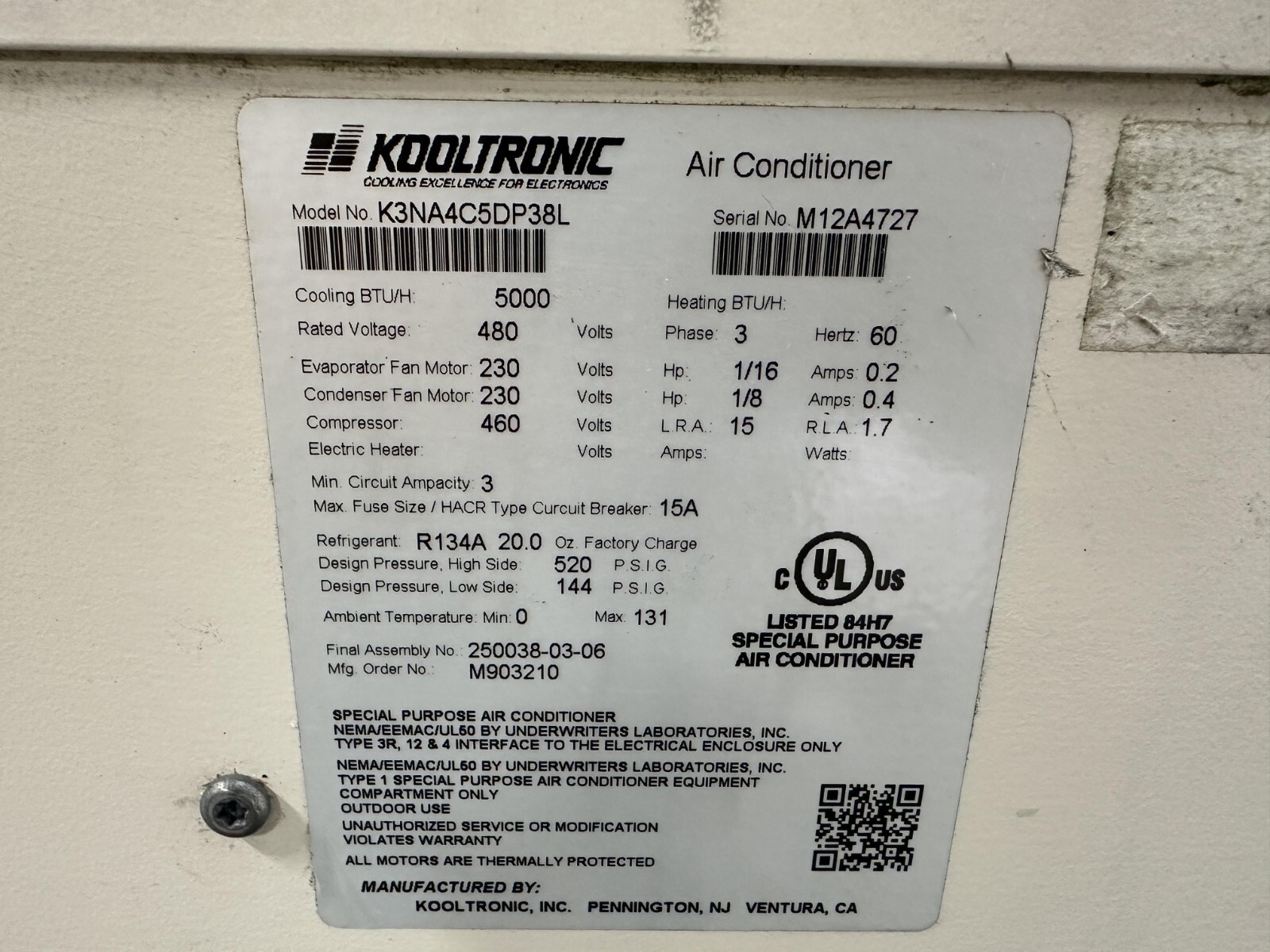 Kooltronic Panel Mount Air Conditioner