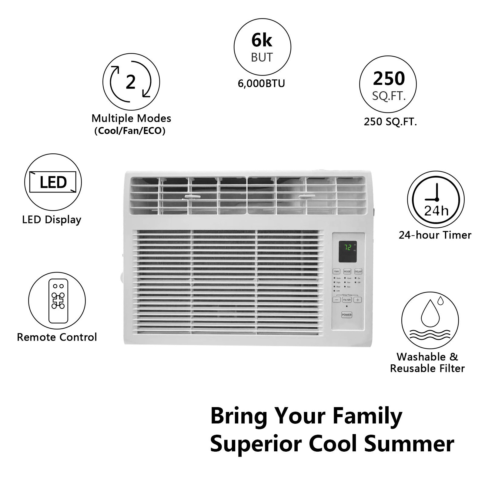 6000 BTU Window Air Conditioner with Remote,Energy Saving, Timer Window AC Unit