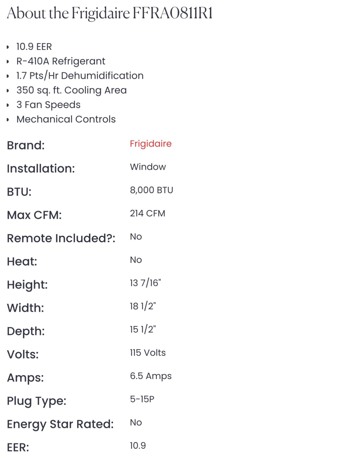Frigidaire FFRA0811R1 8,000 BTU 115V Window-Mounted Mini-Compact Air Conditioner