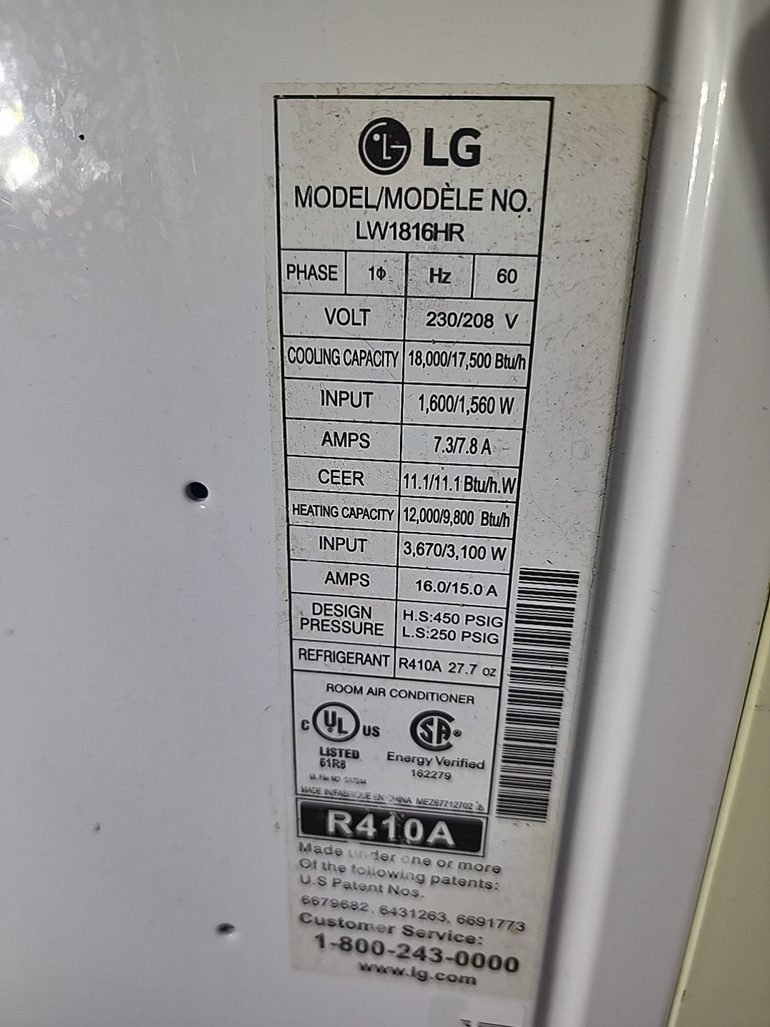 LG LW1816HR 18000 BTU Window Air Conditioner 18,000 BTU Cool 12,000 BTU Heat