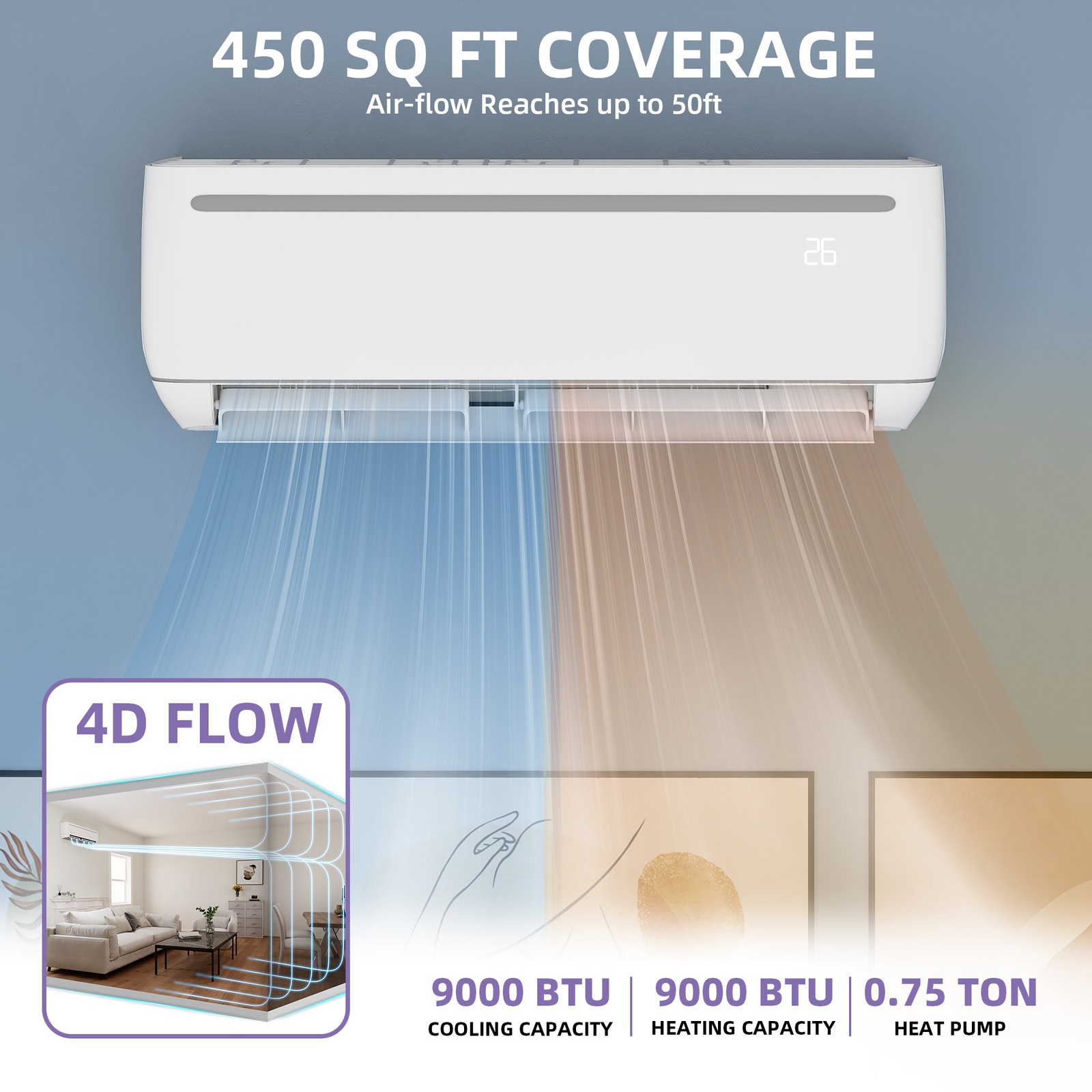 9000 BTU Mini Split Heat Pump 19 SEER 110V for Spaces up to 450 Sq. Ft