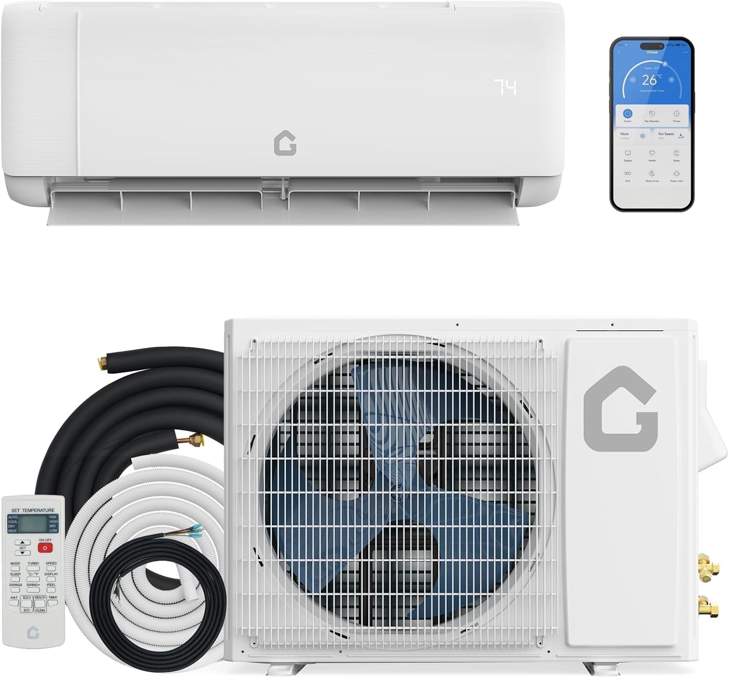 Garvee 18,000 BTU Mini Split Air Conditioner with Heat Pump, 19 SEER, 230V, Whit