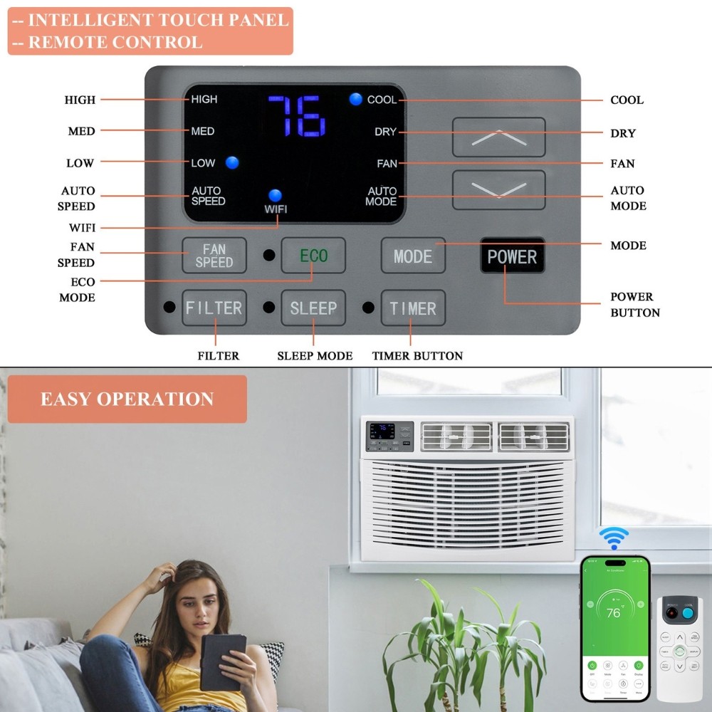 8,000 BTU Window Air Conditioner & Dehumidifier, Fan w/Timer, Sleep Mode Wifi