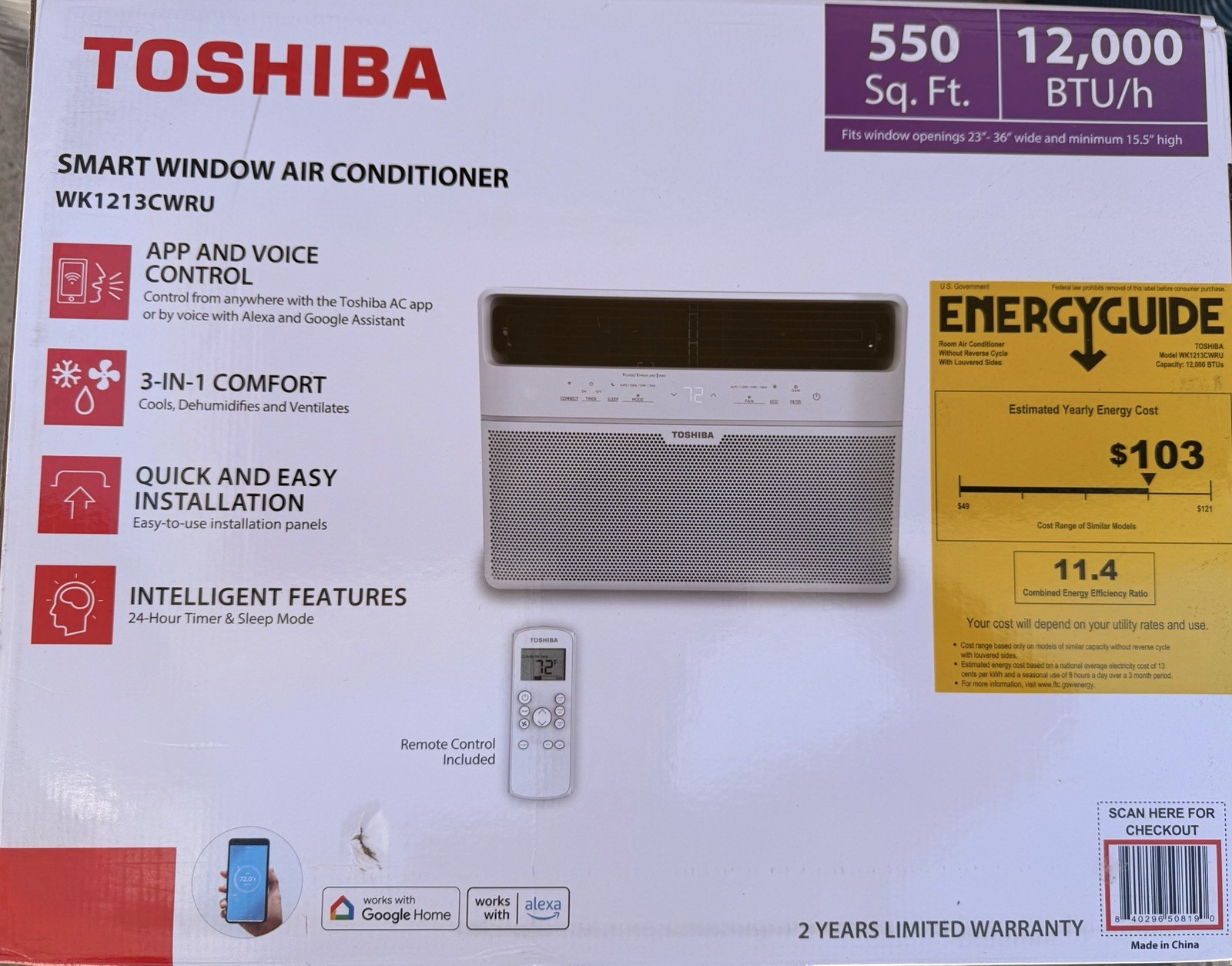 Toshiba WK1213CWRU 12,000 BTU Window AC 115V Wi-Fi Alexa/Google White
