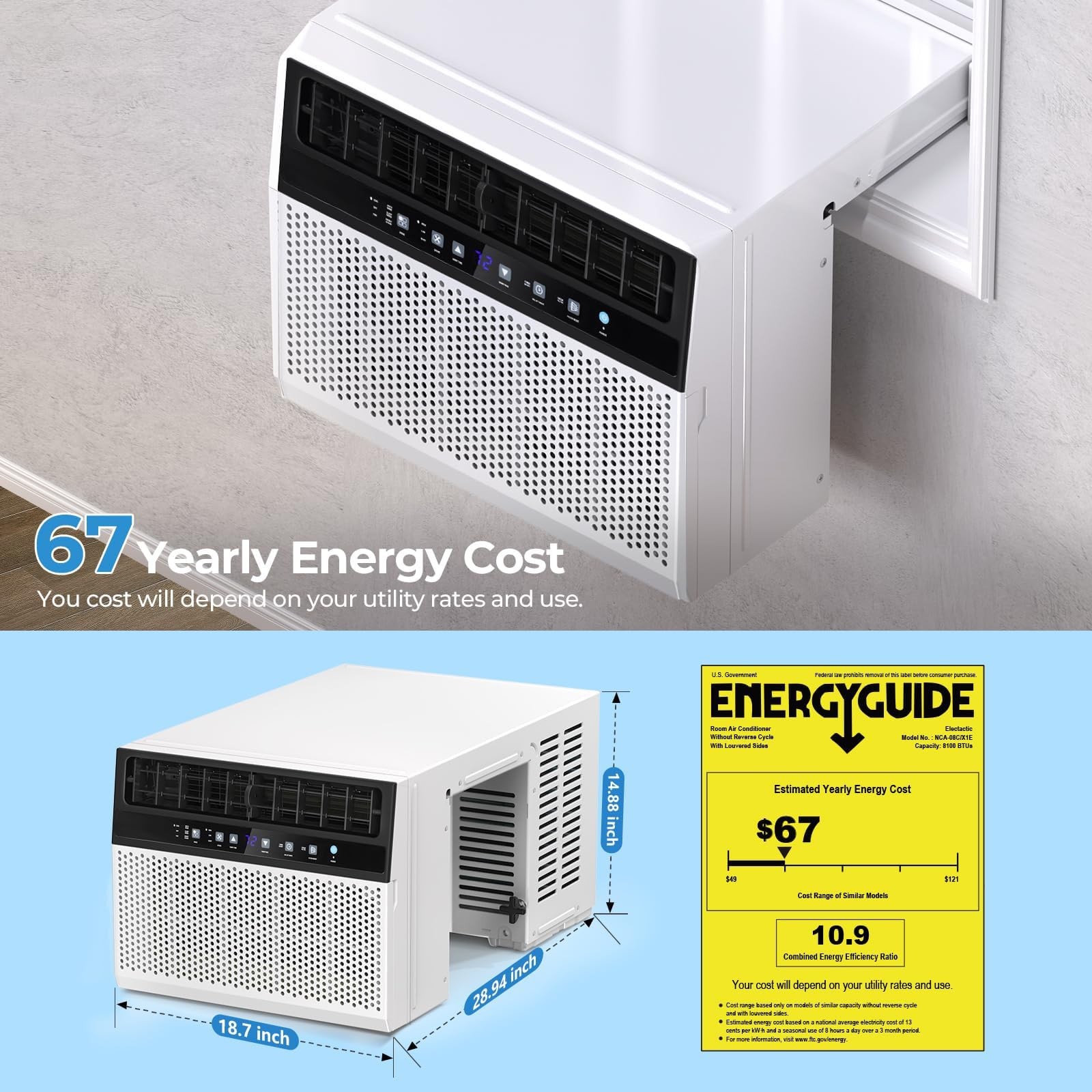 Electactic U-shaped Window Air Conditioner,AC Window Unit Cools Up 550 Sq.ft,…