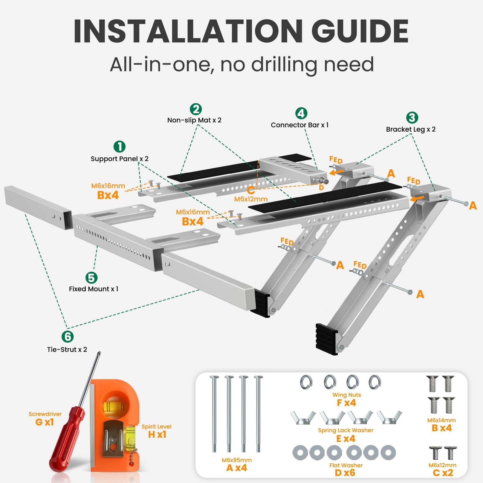 No-Drill AC Bracket Heavy Duty Adjustable Window Holder 350lbs 5000-24000 BTU