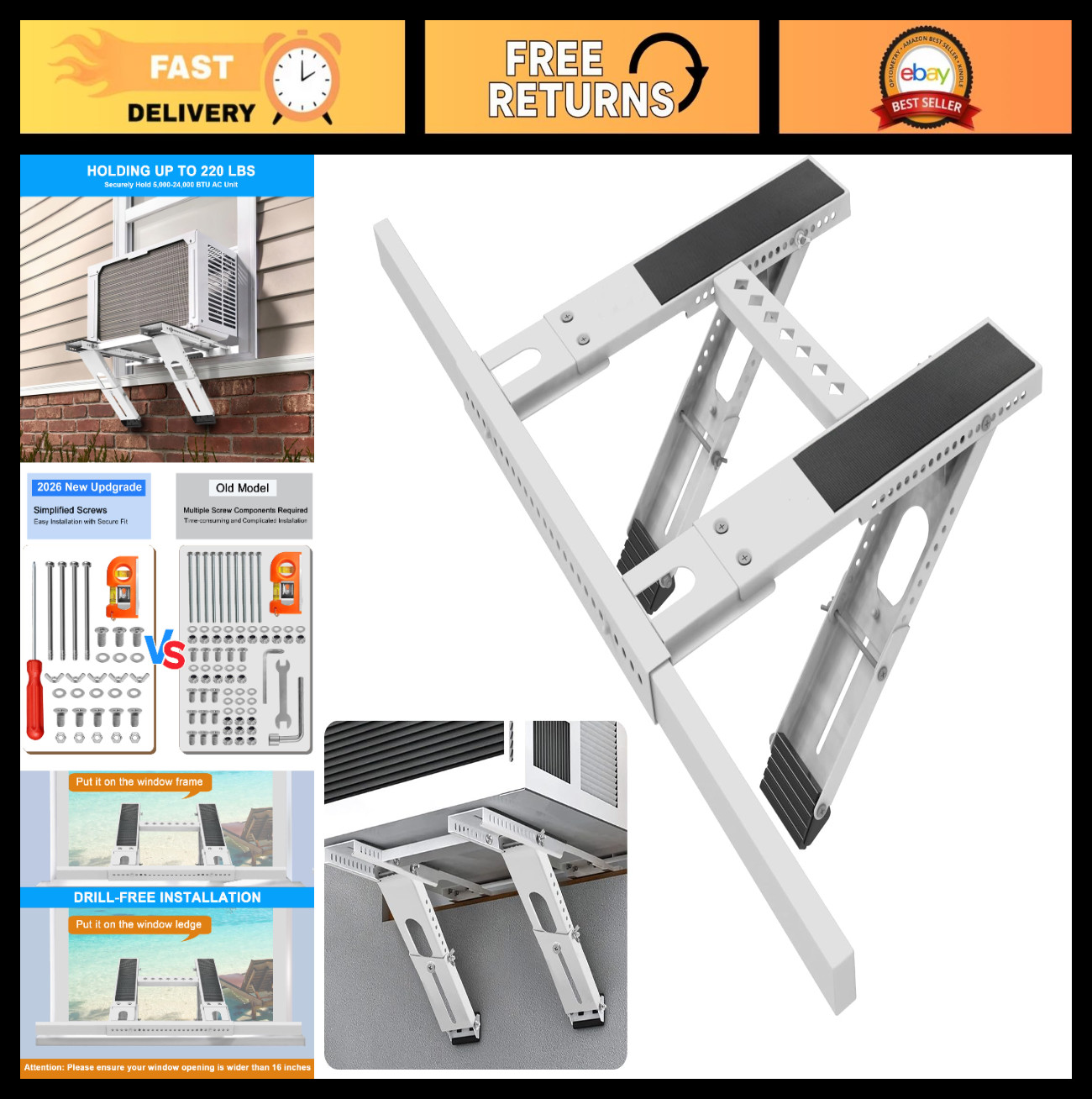 Heavy-Duty Universal AC Window Support Bracket, No Drill, Up to 200lbs, Fits Mos
