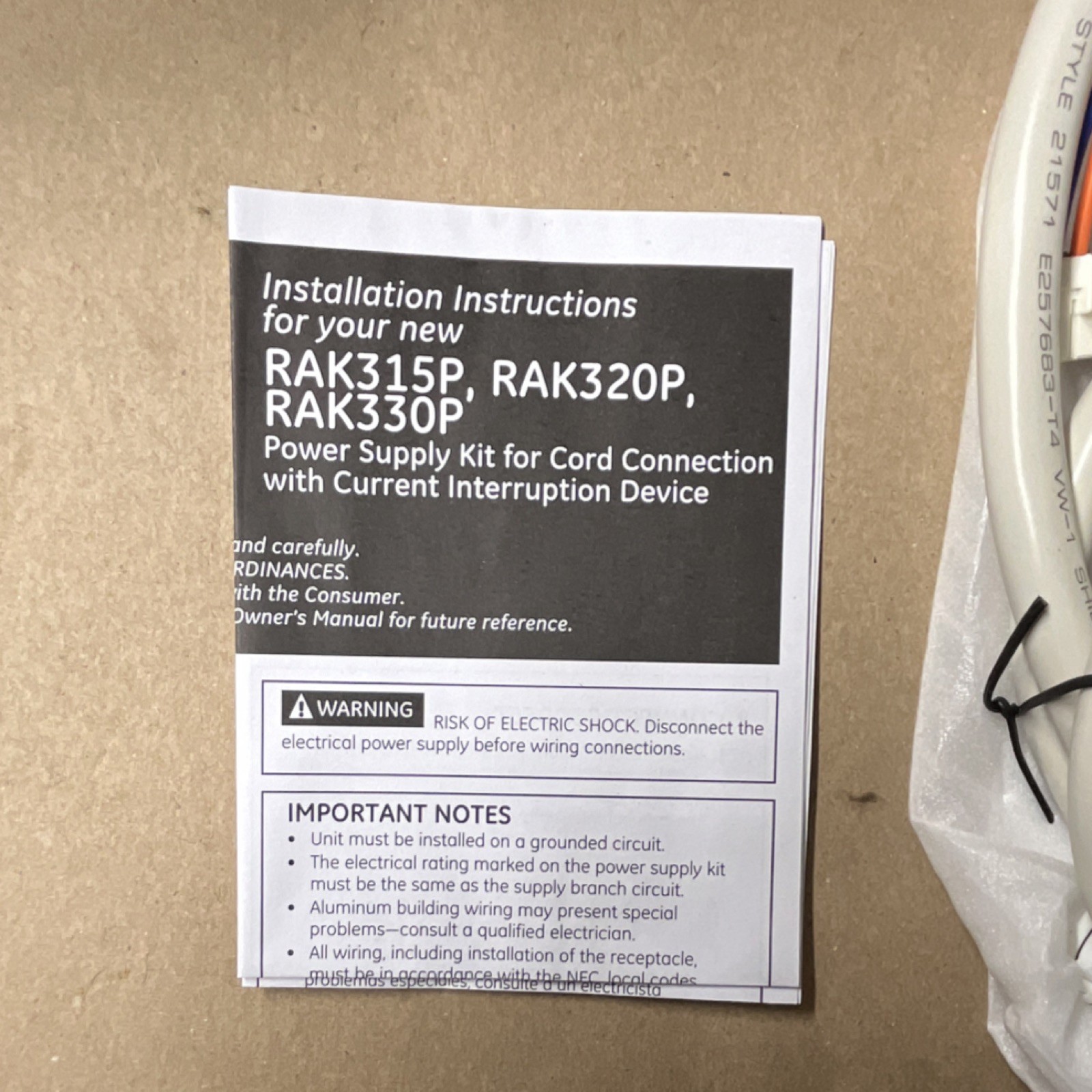 GE RAK330P 230/208V Power Supply Kit White for Window/Thru-Wall Air Conditioner