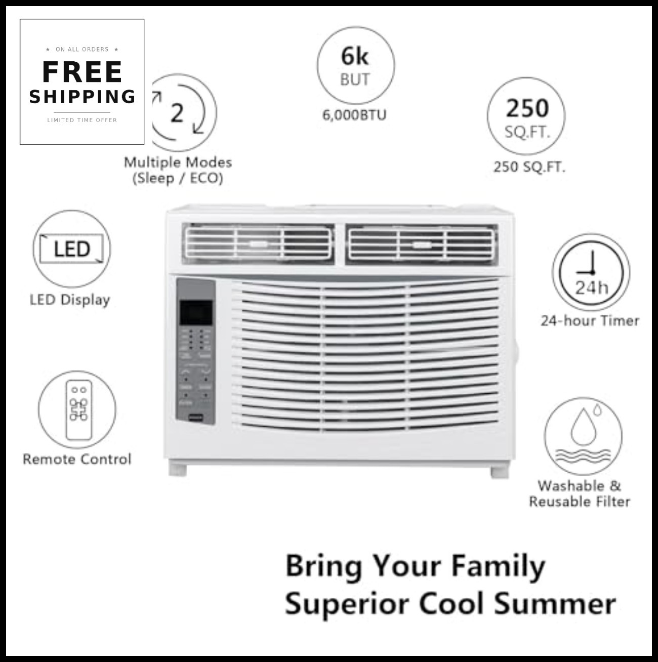 Window Air Conditioner 6000 BTU Cooler Dehumidifier Fan Timer Remote Control