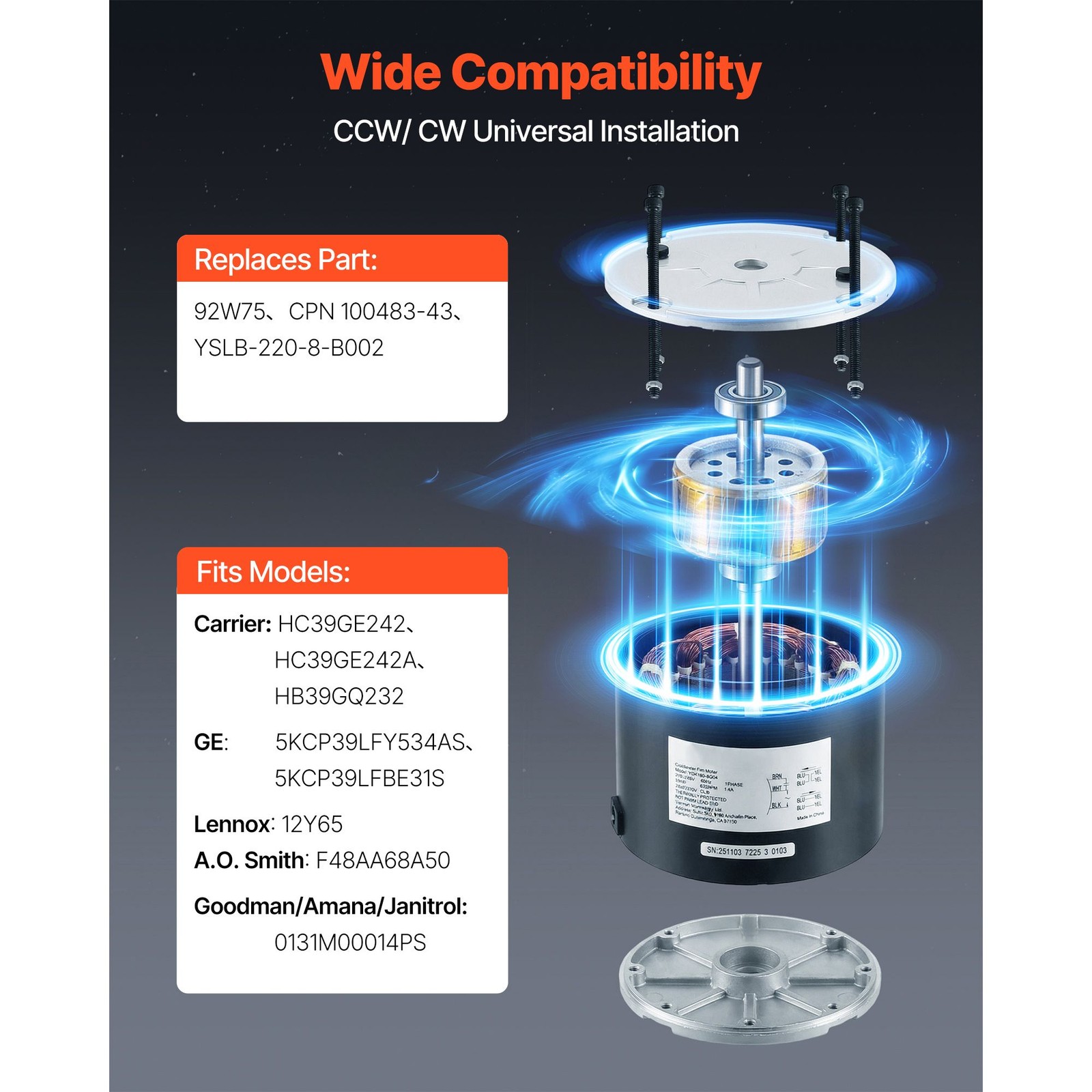 Condenser Fan Motor with Capacitor, 1/ 4 HP 825 RPM 208 – 230V