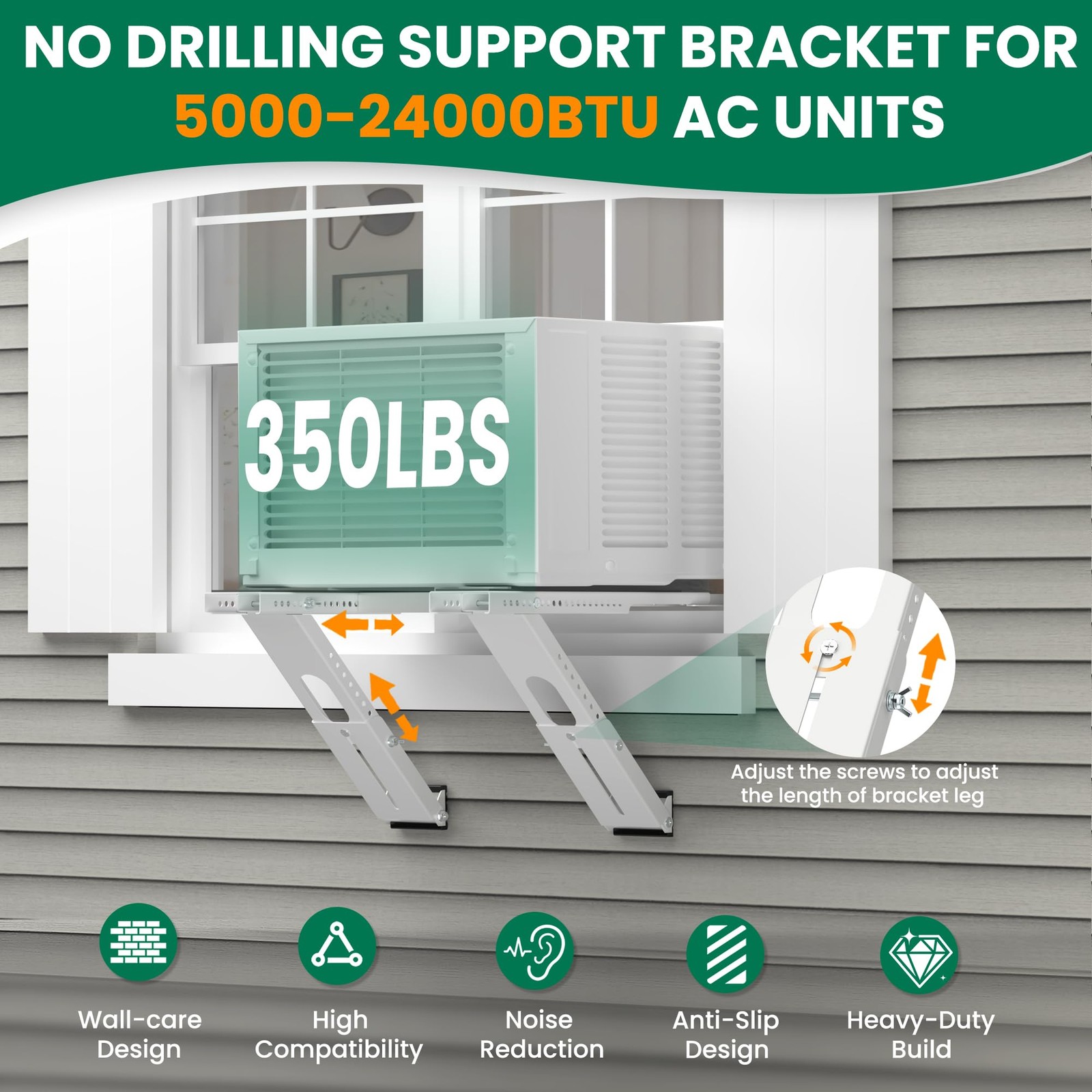 No-Drill AC Bracket Heavy Duty Adjustable Window Holder 350lbs 5000-24000 BTU