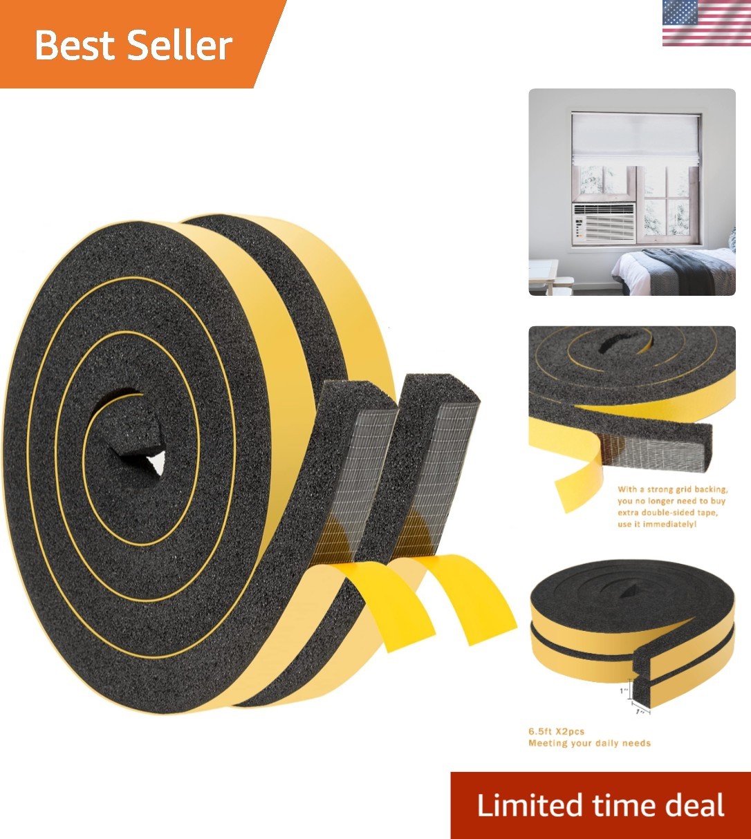 1 Inch x 1 Inch Weather Stripping Door Seal Strip – 13 Feet of Foam Protection