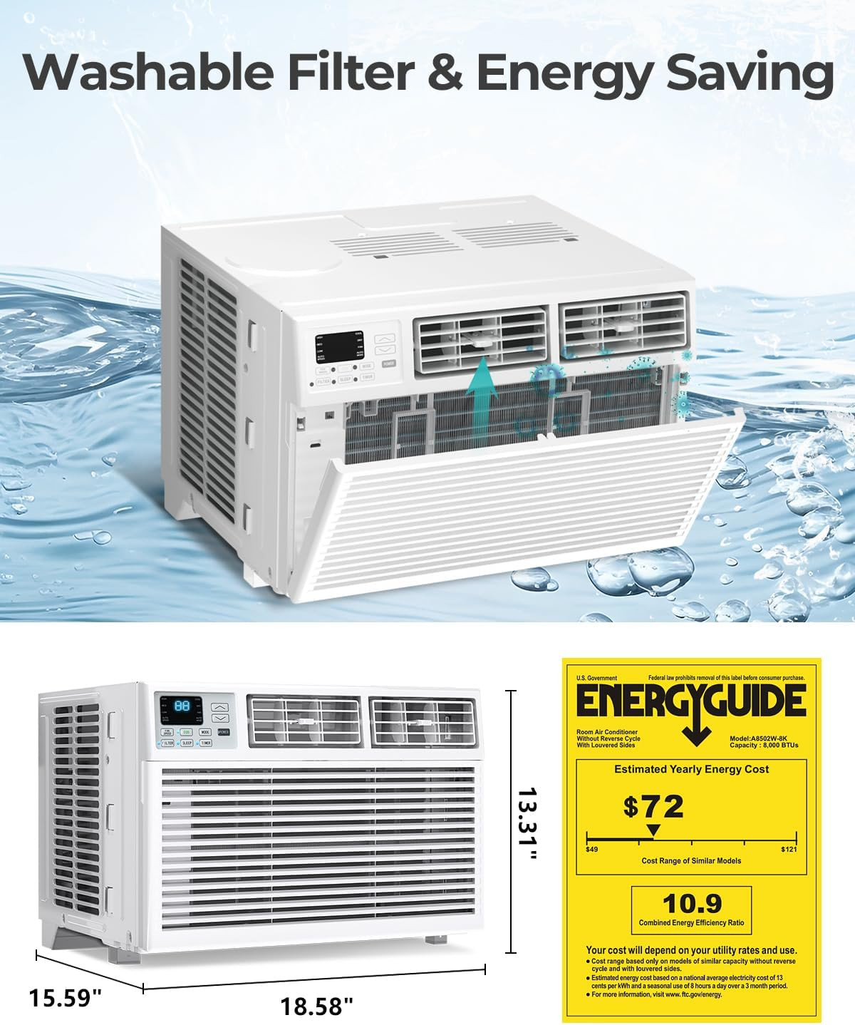 Window Air Conditioner, 8000 BTU Window AC Unit, Cool Rooms up to 350 Sq.Ft., -I
