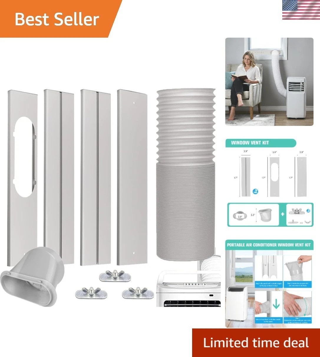 Universal Portable AC Window Vent Kit with 5.9″ Exhaust Hose – 59″ Adjustable