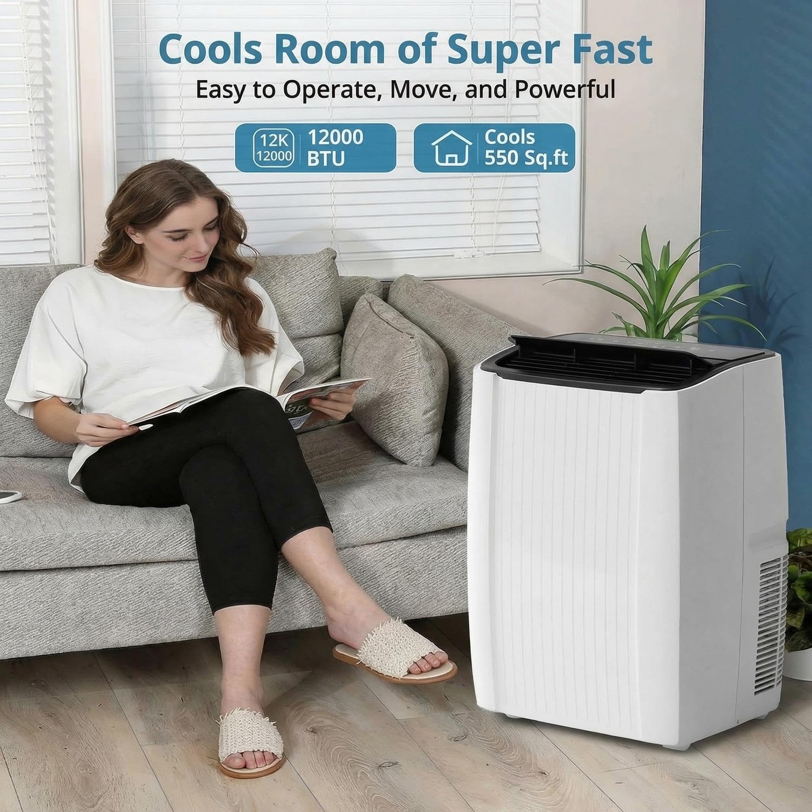 Powerful 12000 BTU Portable Air Conditioner 3-in-1 Cooling, Dehumidifier & Fan
