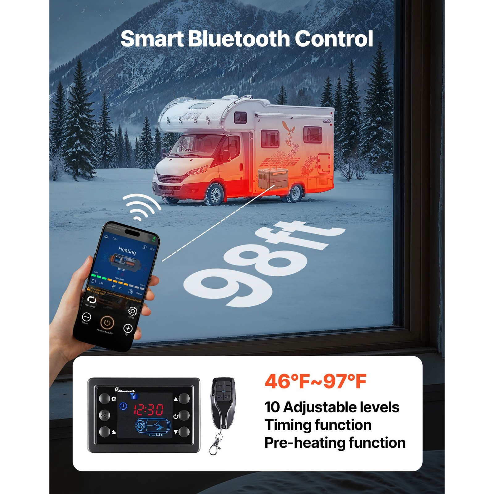 8KW 12V/ 24V Portable Diesel Heater with Bluetooth, Remote, LCD, 1.3 Gal Tank