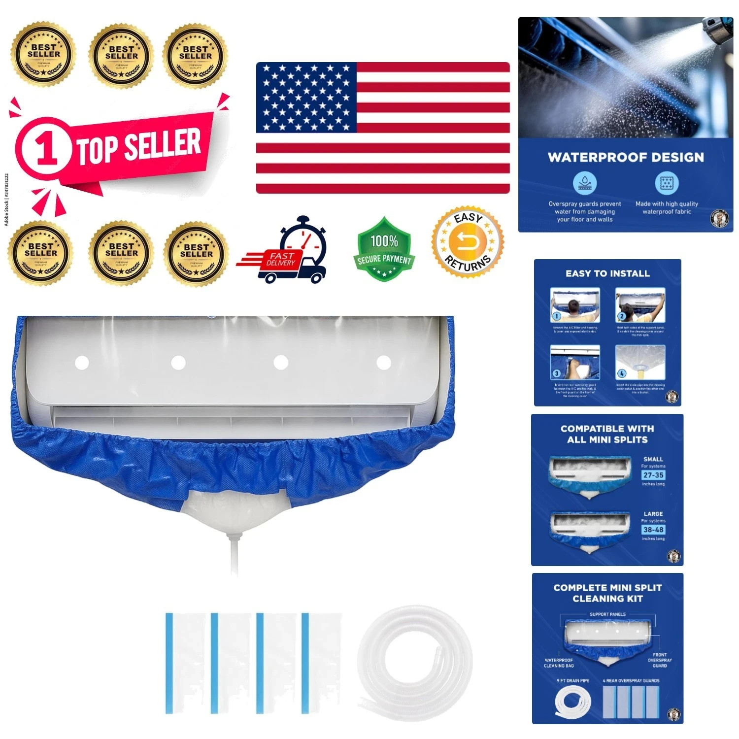 Easy Install Mini Split Cleaning Bag: 360 Waterproof for 38in – 48in Units