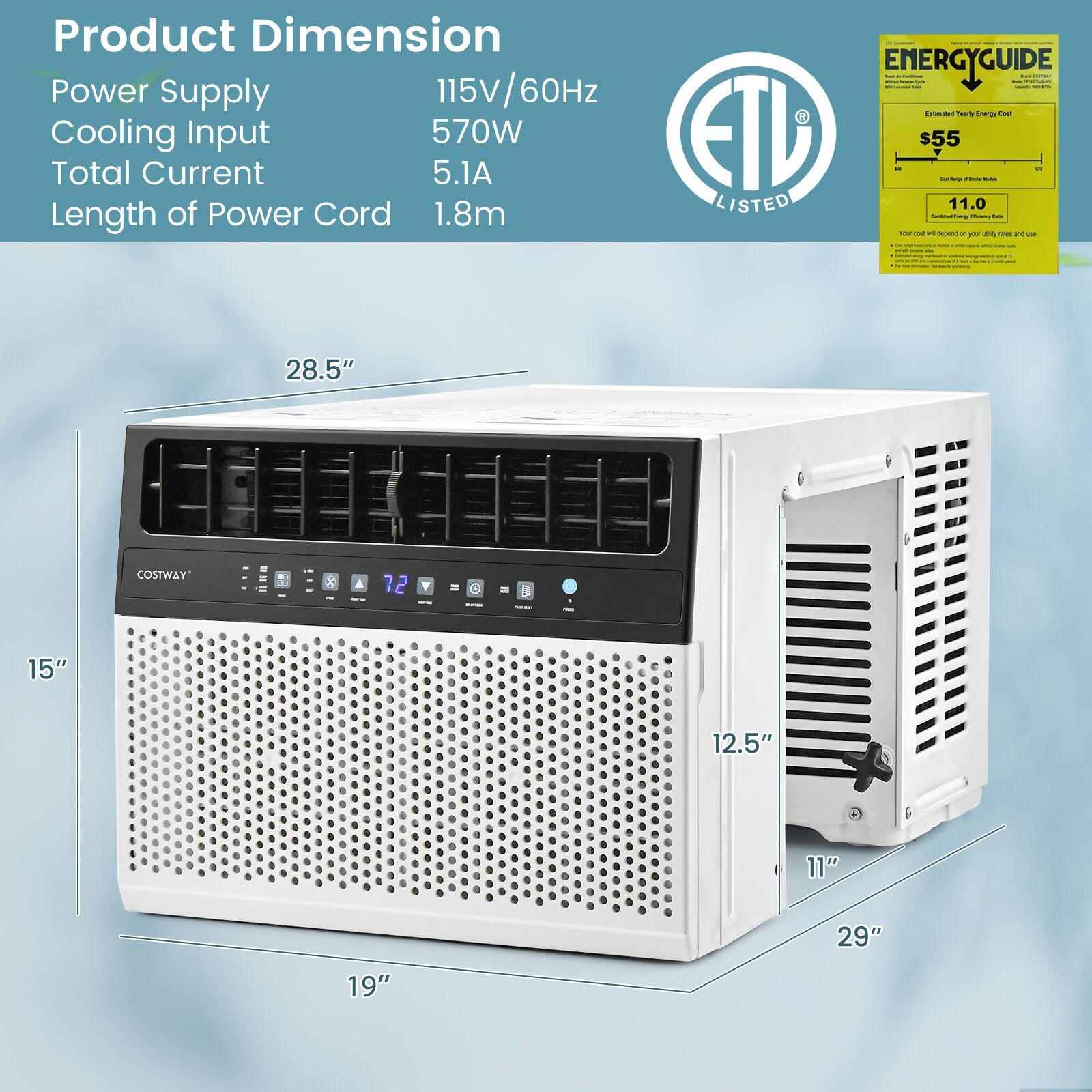 10000 BTU Window Air Conditioner w/ Remote, LED Control Panel, up to 250 Sq.Ft.