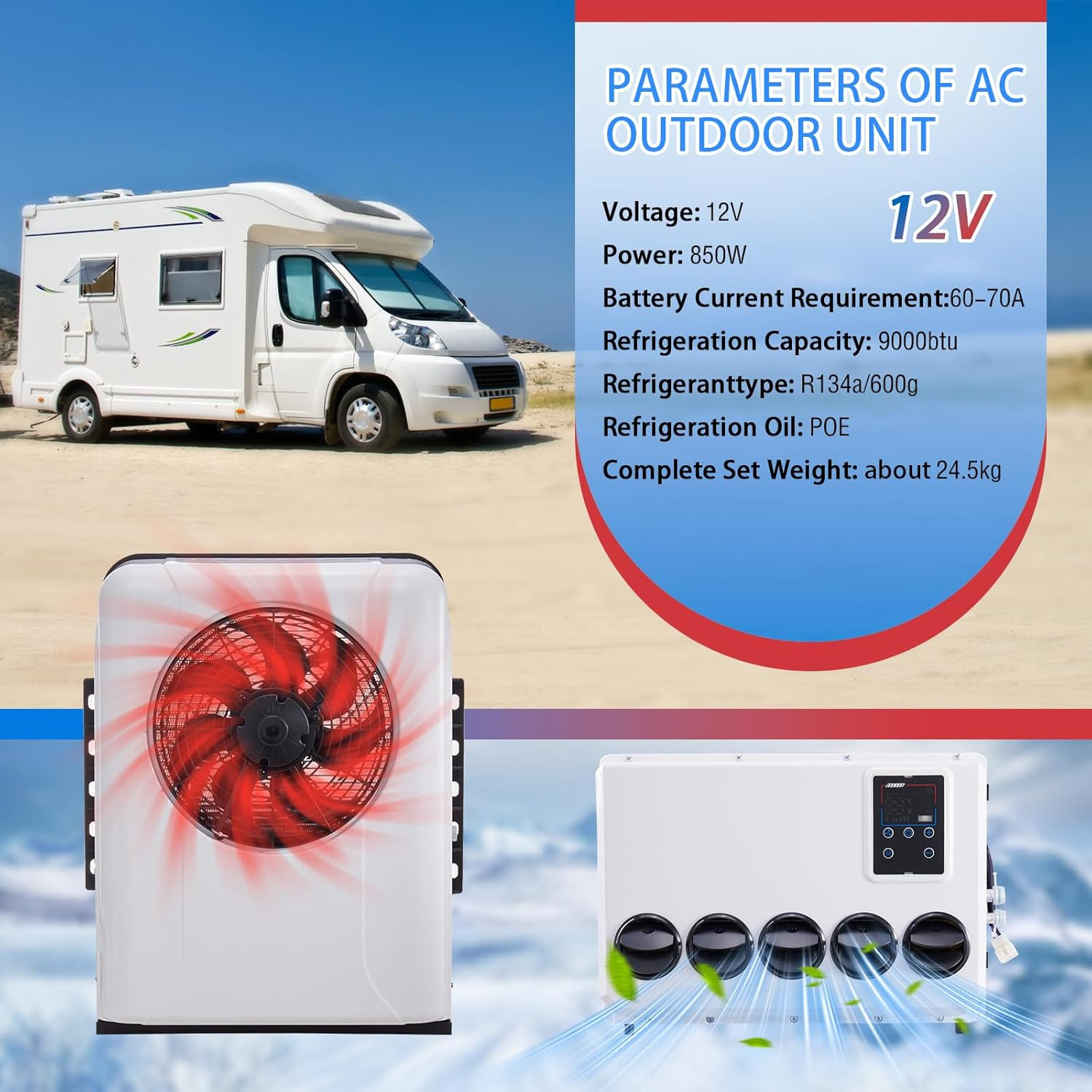 12V DC Truck Air Conditioner 9000BTU for RVs, Vans, Trailers & Campers