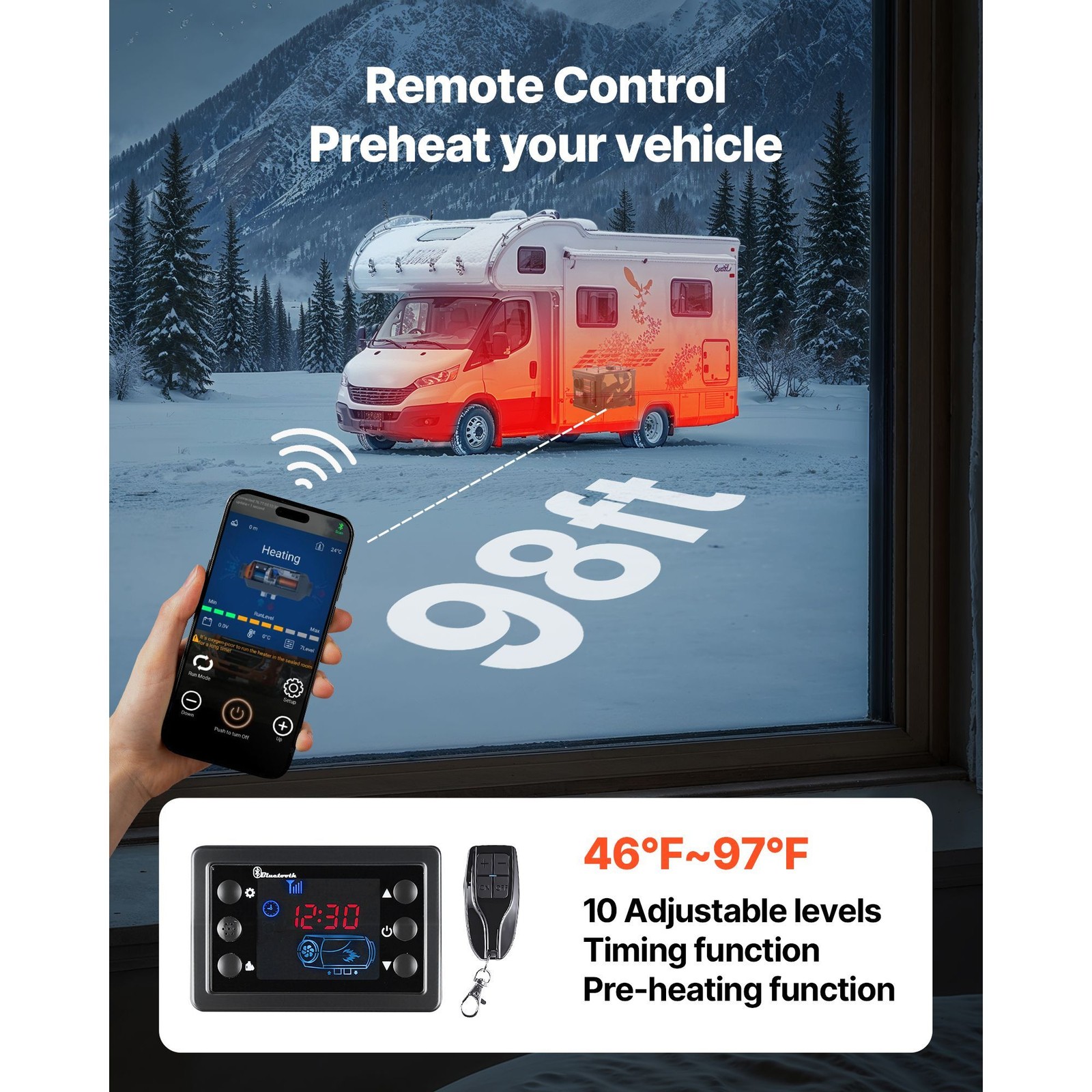 8KW 12V/ 24V Portable Diesel Air Heater with Bluetooth, Remote, LCD Screen