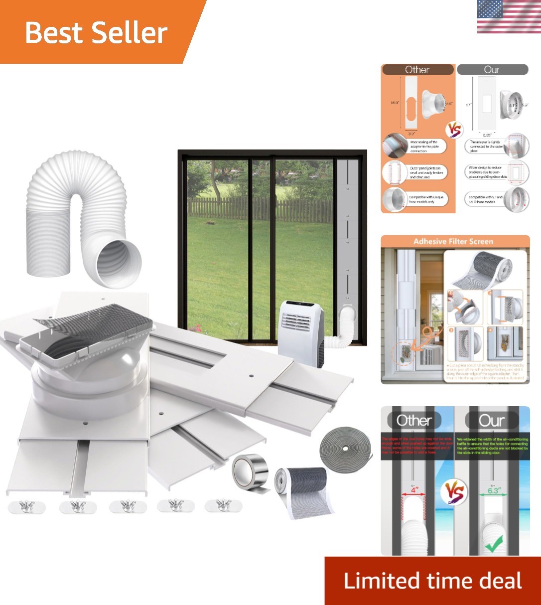 Universal Compatibility 95″ Sliding AC Vent Kit with Φ 5.1″ Hose & Filter Screen
