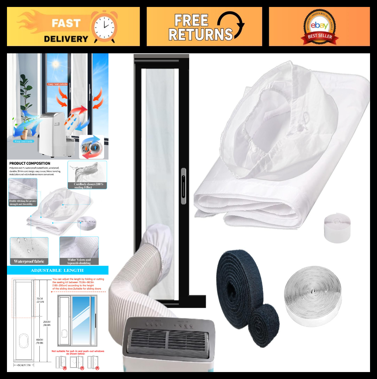 98″ Portable Air Conditioner Sliding Door Seal Kit – Dual Hose Vent Kit for 1400