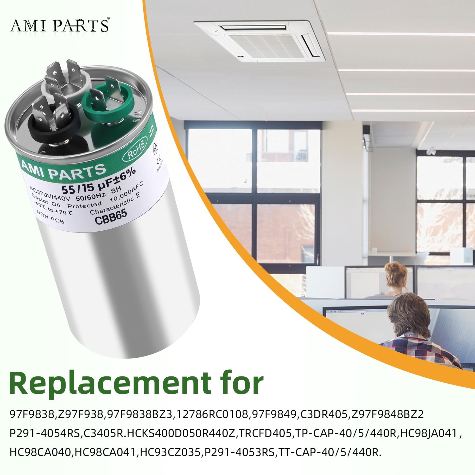 Dual Run Capacitor 55/15 uF ±6% 370/440 VAC for Heat Pump, AC, Condenser Fan