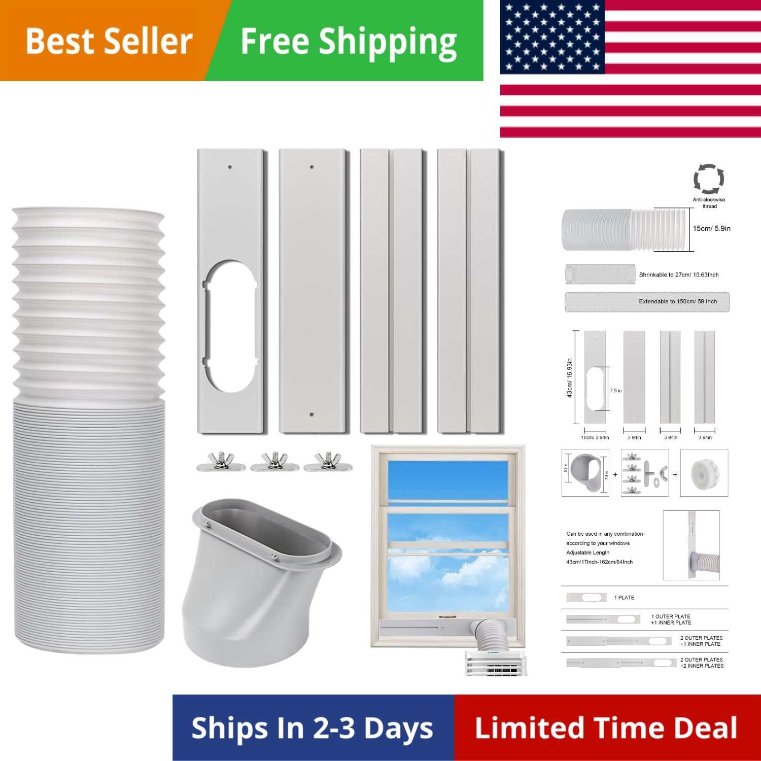 Portable Air Conditioner Window Vent Kit, Adjustable Window Seal with 5.9 Inc…