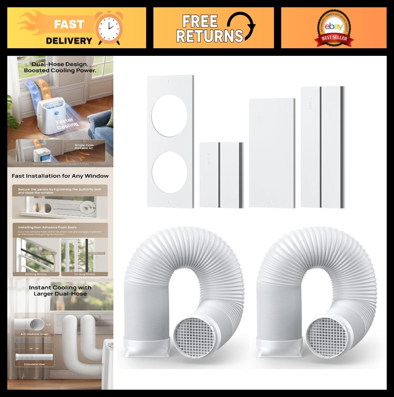 Adjustable Portable Air Conditioner Window Vent Kit – Dual Hose, 5.9″ Exhaust Du