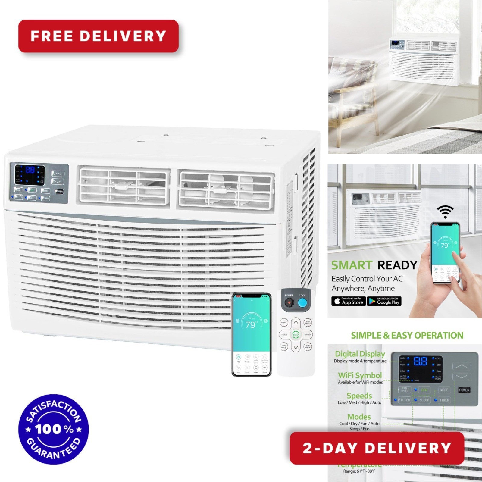 8000 BTU WiFi Window Air Conditioner with Remote Control, Energy Saving