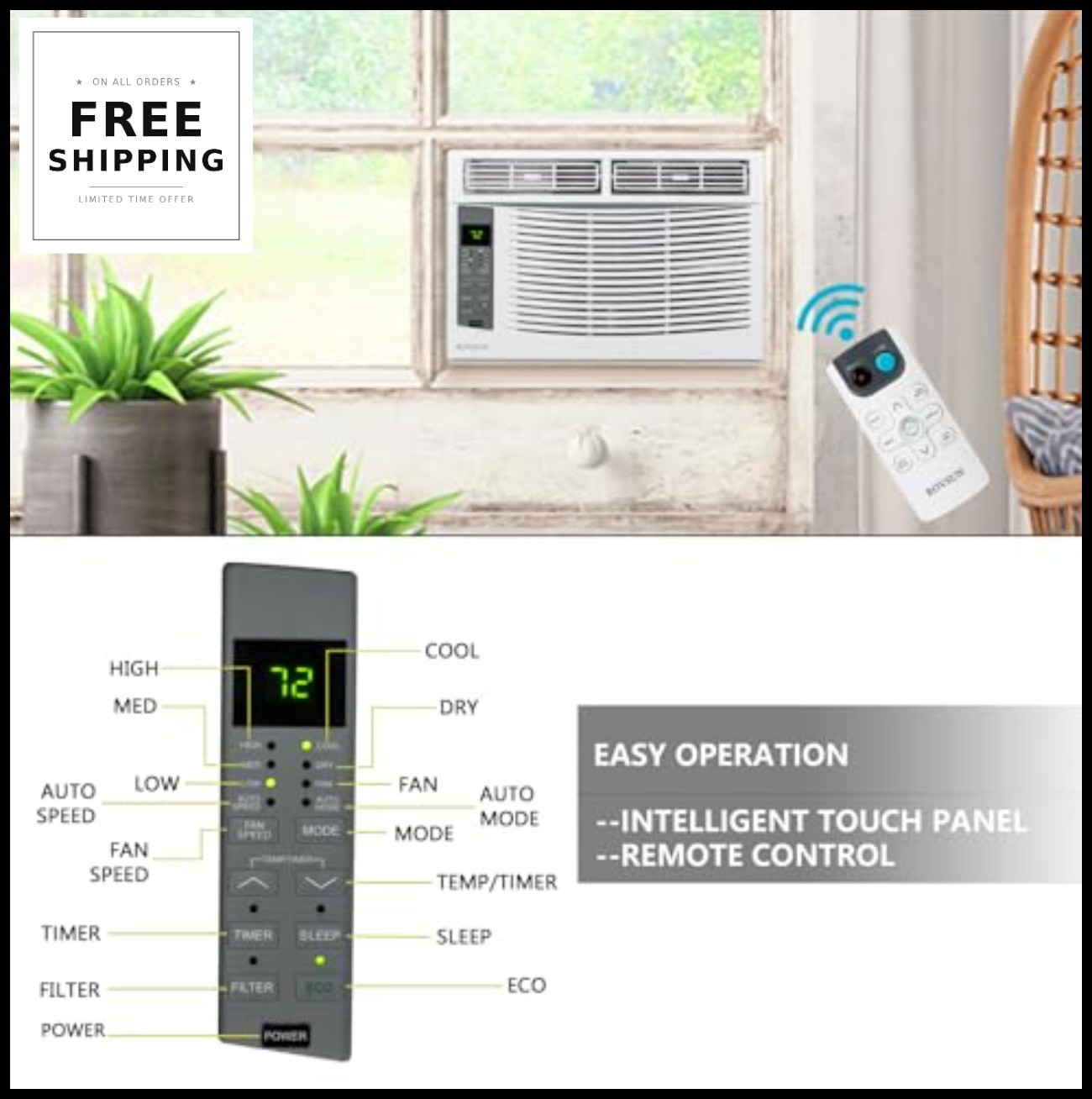 Window Air Conditioner 6000 BTU Cooler Dehumidifier Fan Timer Remote Control