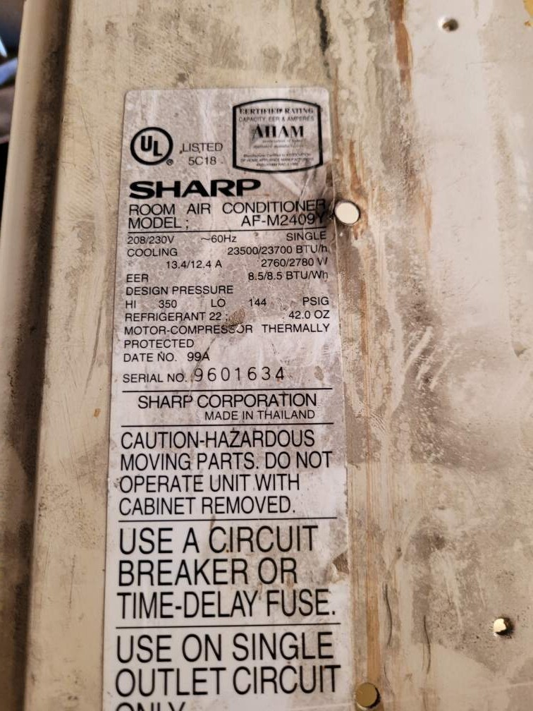 Sharp Window Air Conditioner 208 volts; 17″ high; 28″ deep; 26″ long; works