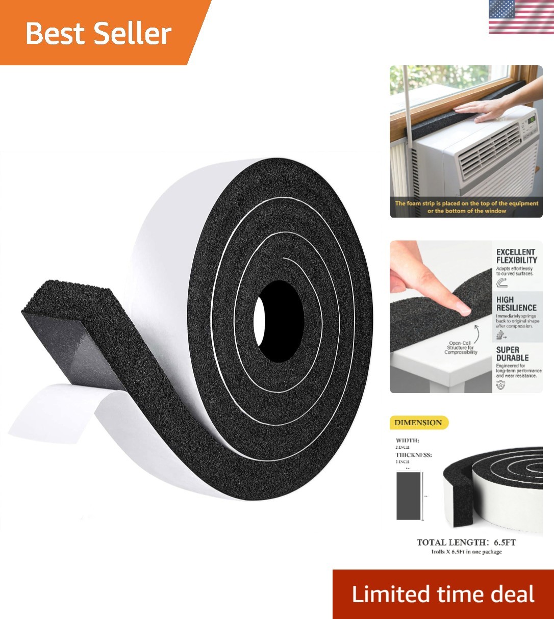 High Resilience Insulation Tape for Windows & AC – 2″ W x 1″ T, 6.5 Ft Roll