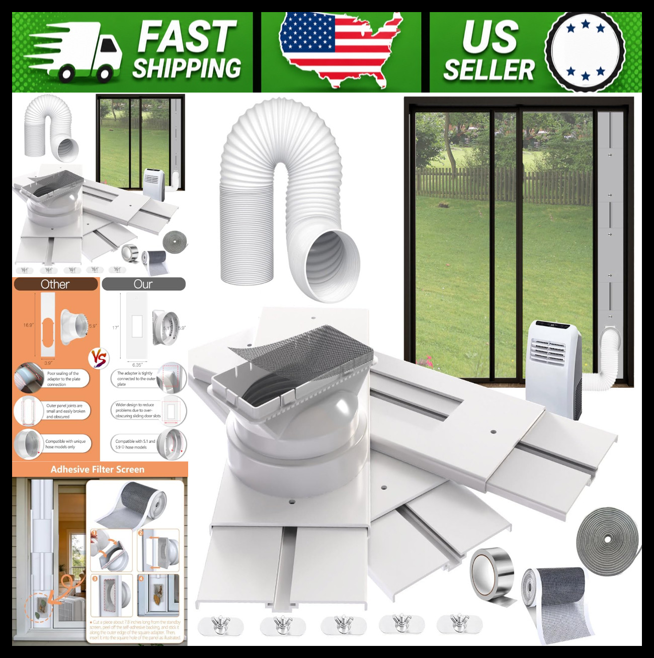 Sliding Door AC Vent Kit with Extendable Hose, Screen Net & Weather Stripping