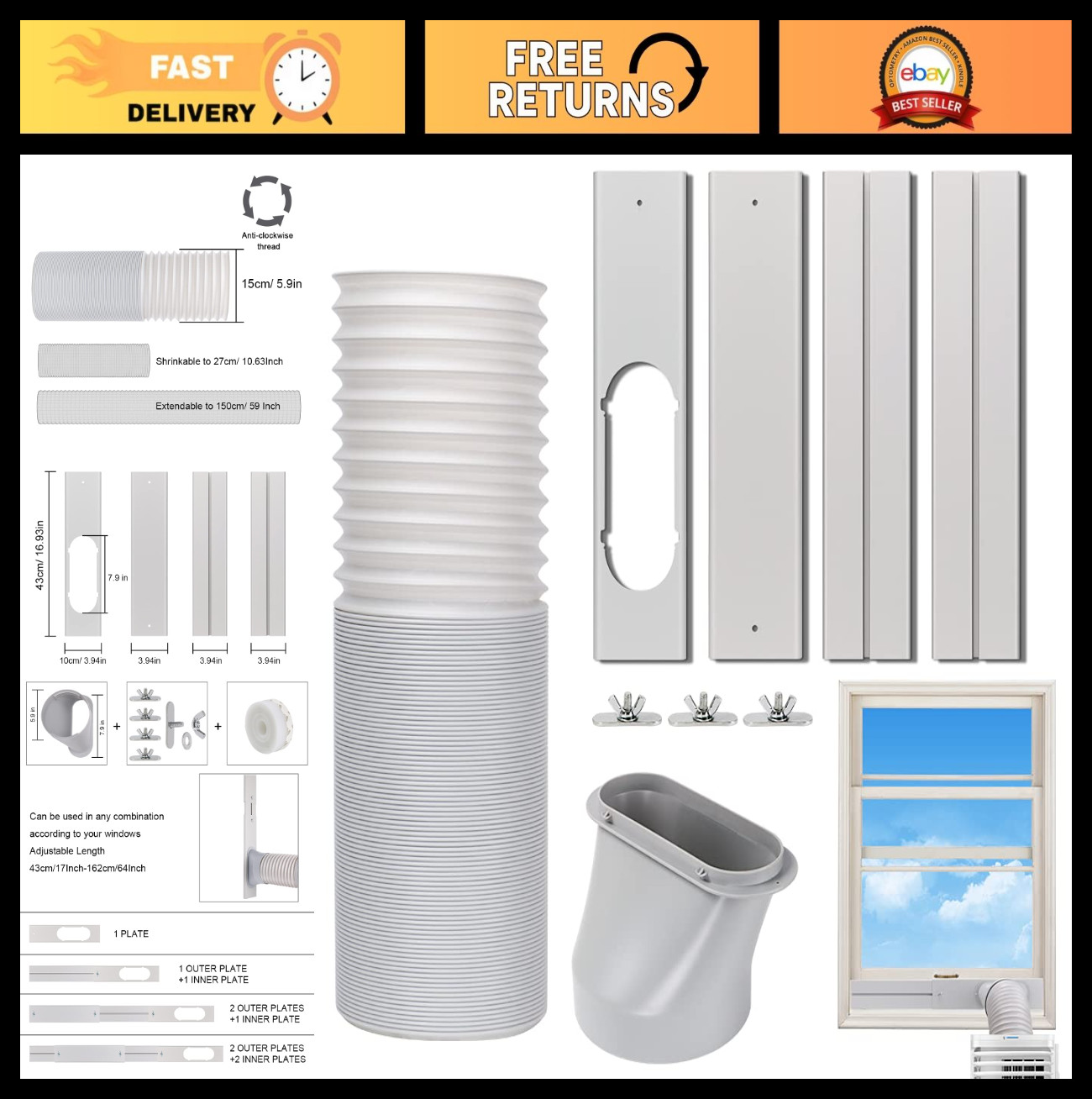 Universal Portable Air Conditioner Window Vent Kit, 5.9″ Diameter, 59″ Exhaust H